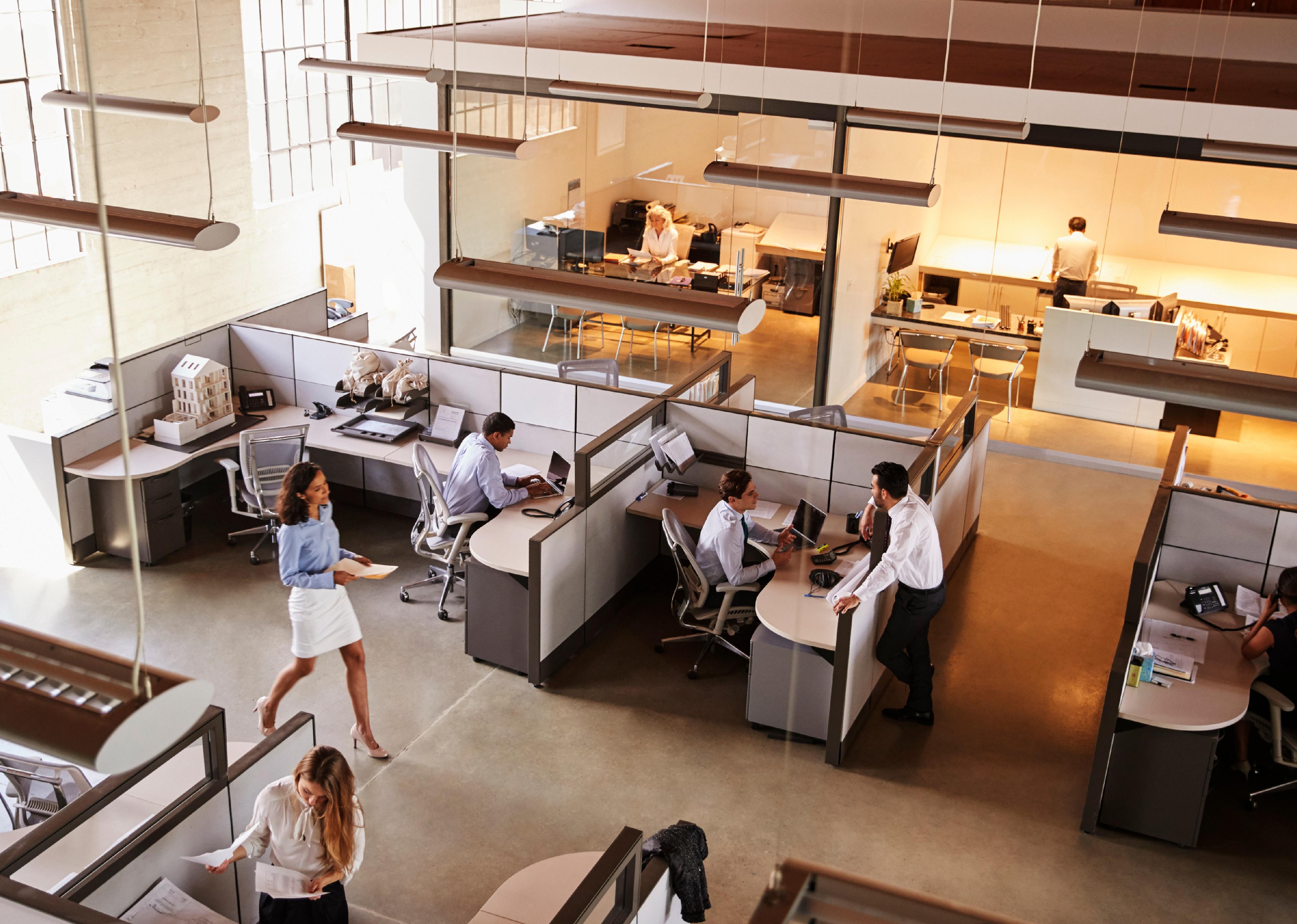 Elevated view of a busy open plan office.