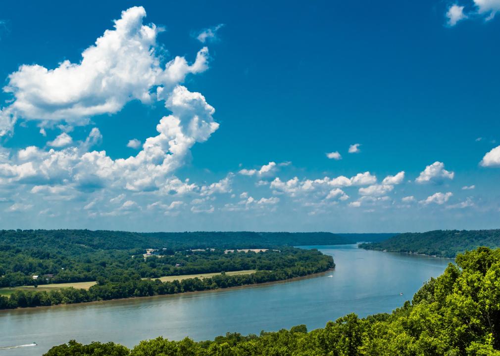 Aerial view of river and rural landscape.