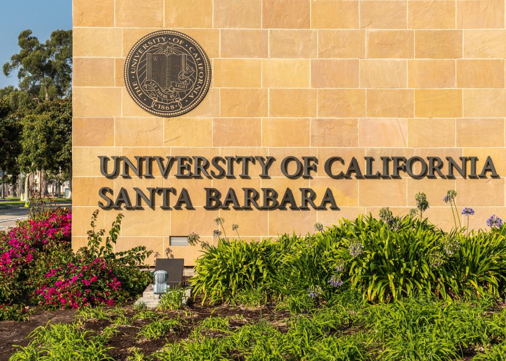 Closeup of name and seal of UCSB at Monumental brown stone Henley Gate