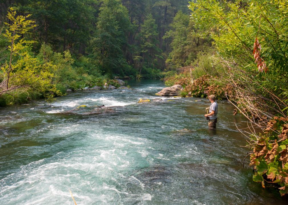 Man standing and fly fishing in the McCloud River.