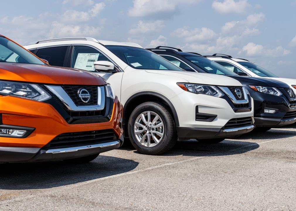 New vehicles parked at a Nissan car and SUV dealership.