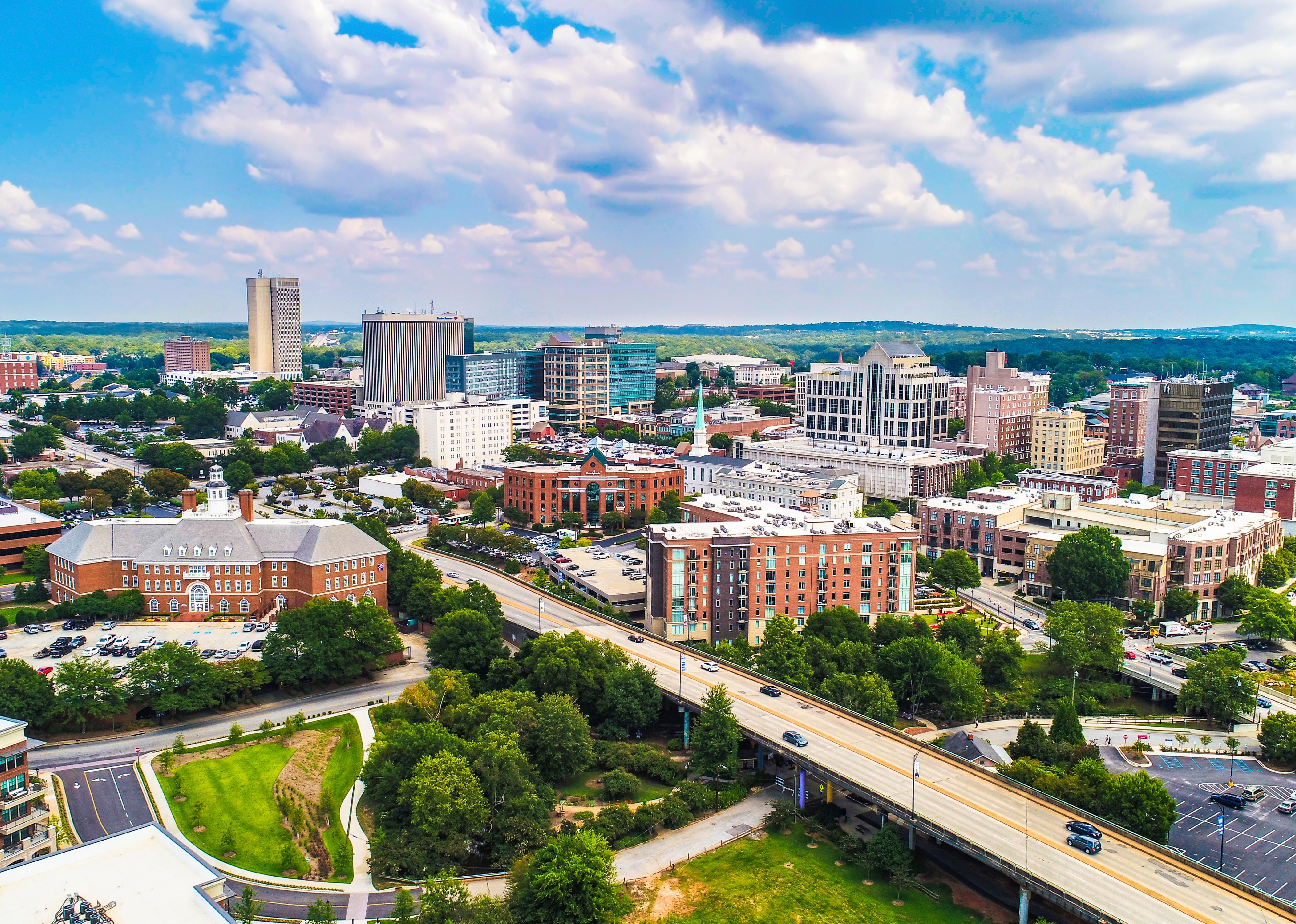 Drone of the Downtown Greenville skyline.