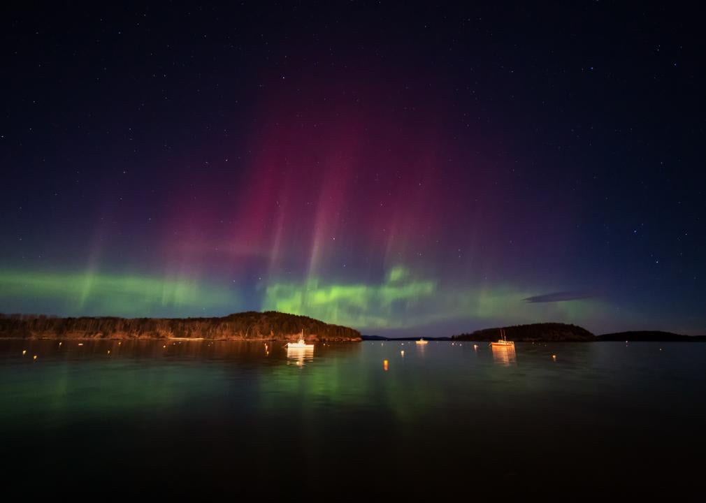 Northern lights in the sky in Bar Harbor in Maine.