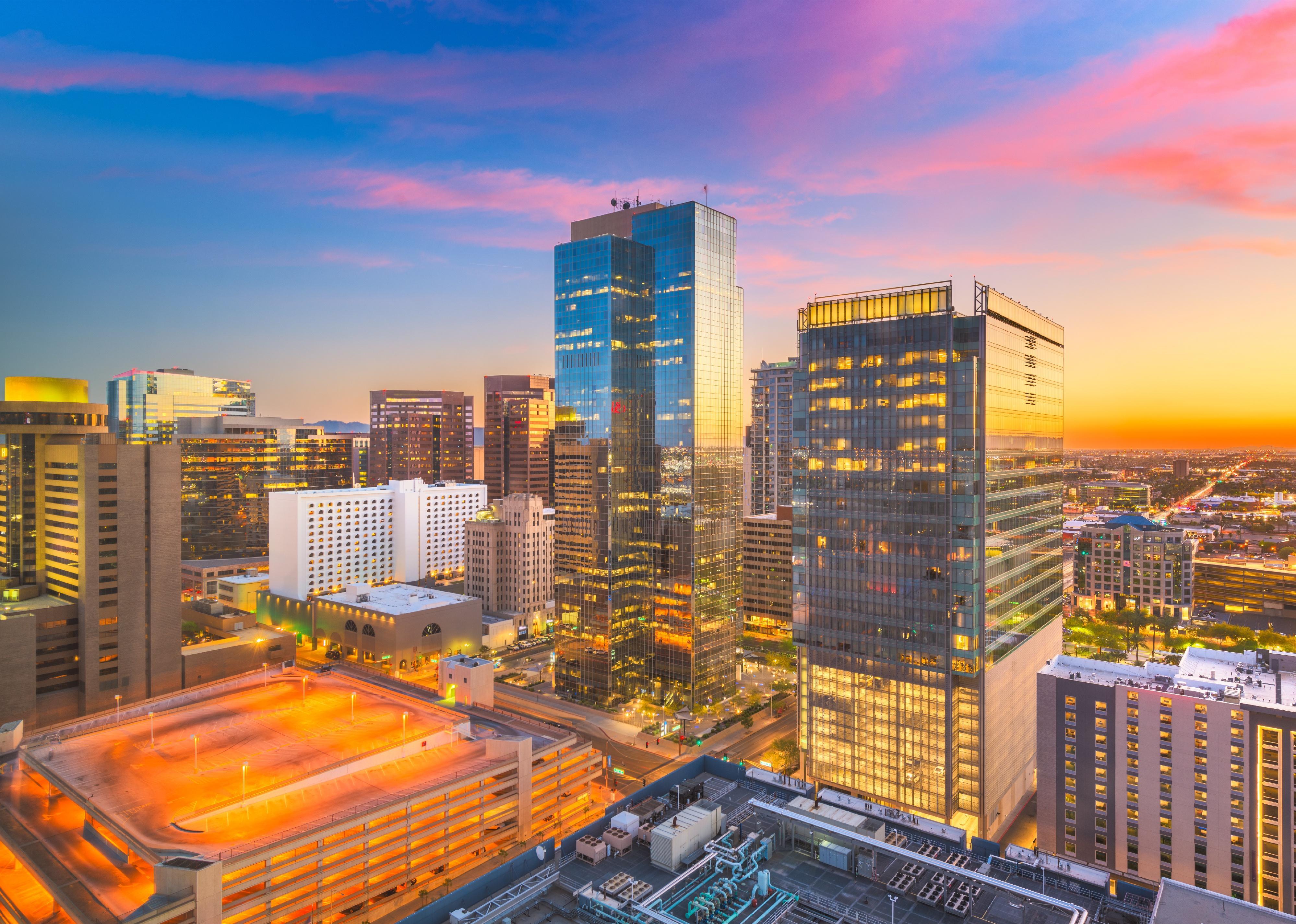 Twilight descends over downtown Phoenix.