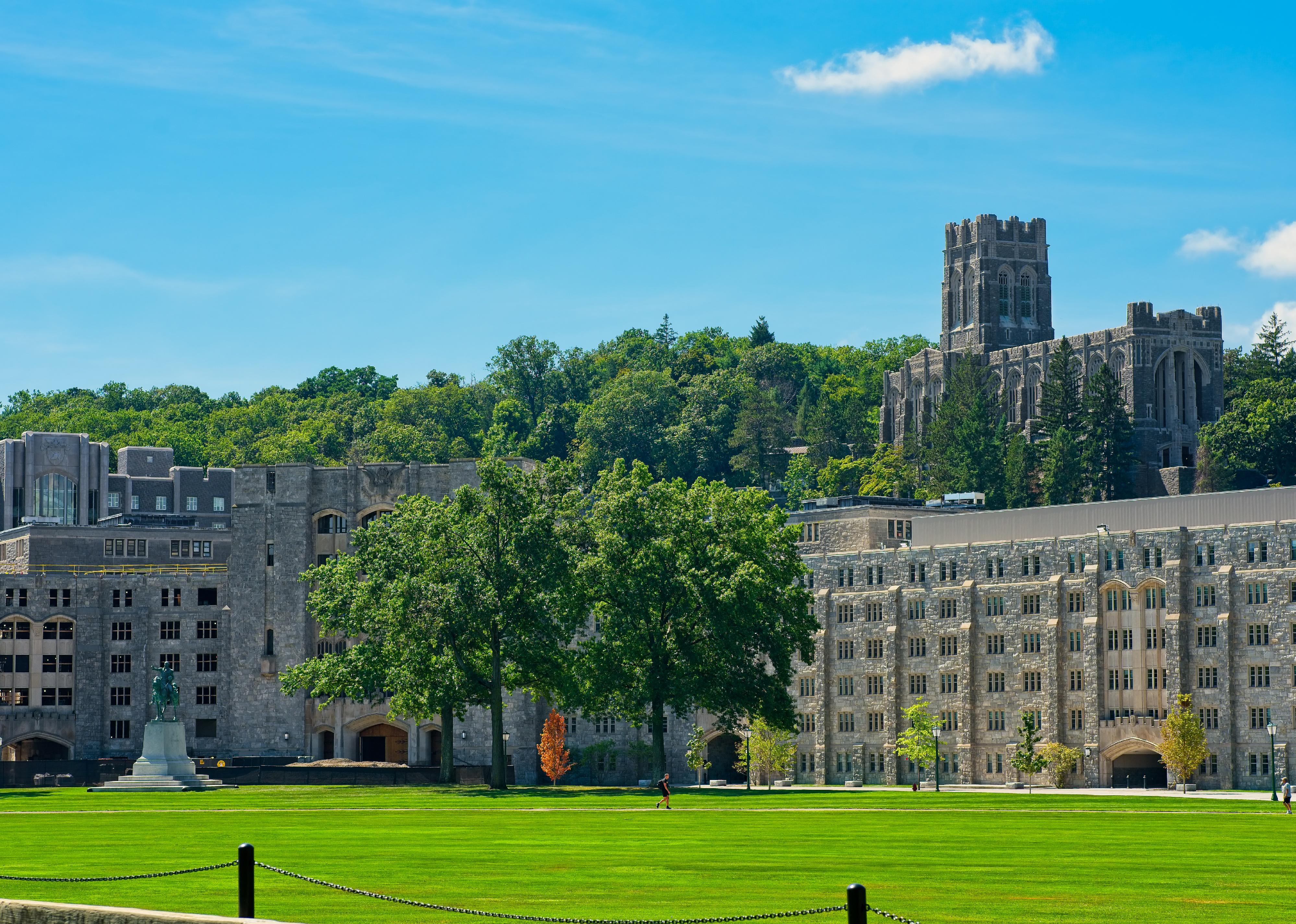 The Cadet Chapel rises above the MacArthur Barracks at the United States Military Academy.