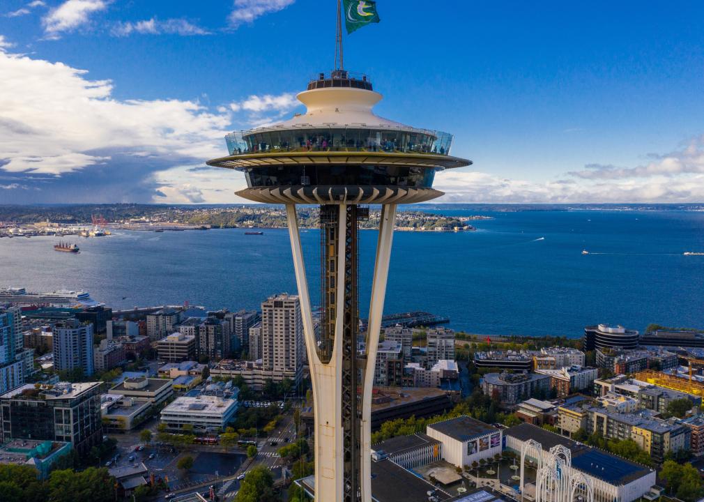 Aerial drone image Seattle Space Needle with view of Elliott Bay.