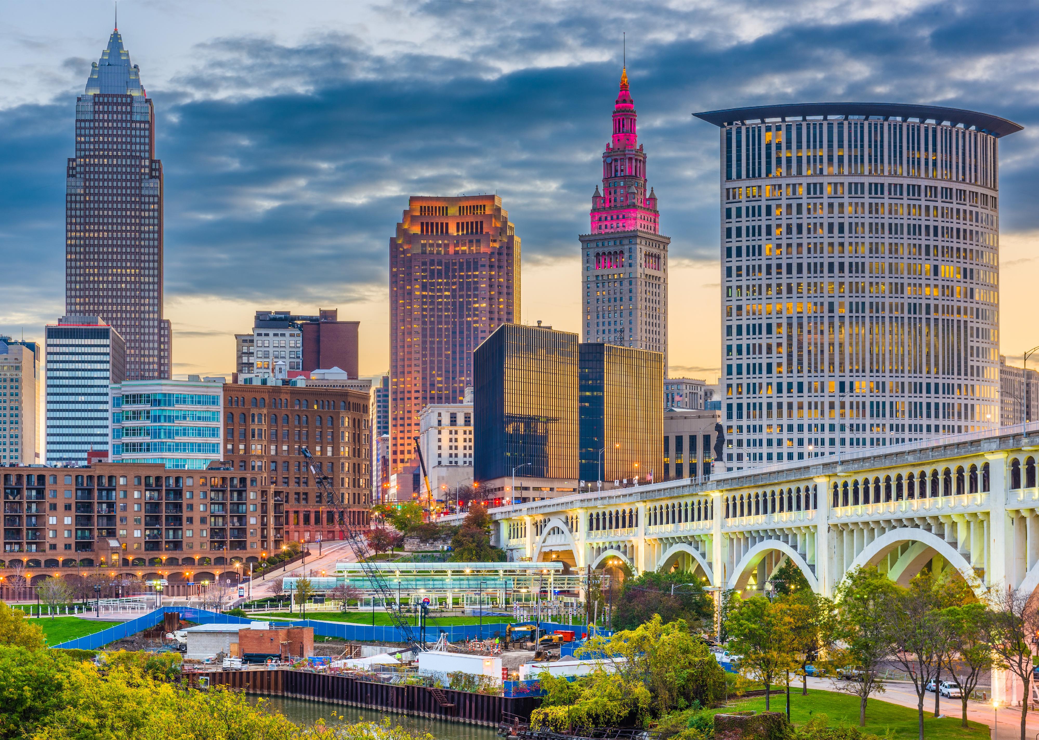 Cleveland downtown city skyline on the Cuyahoga River at twilight.