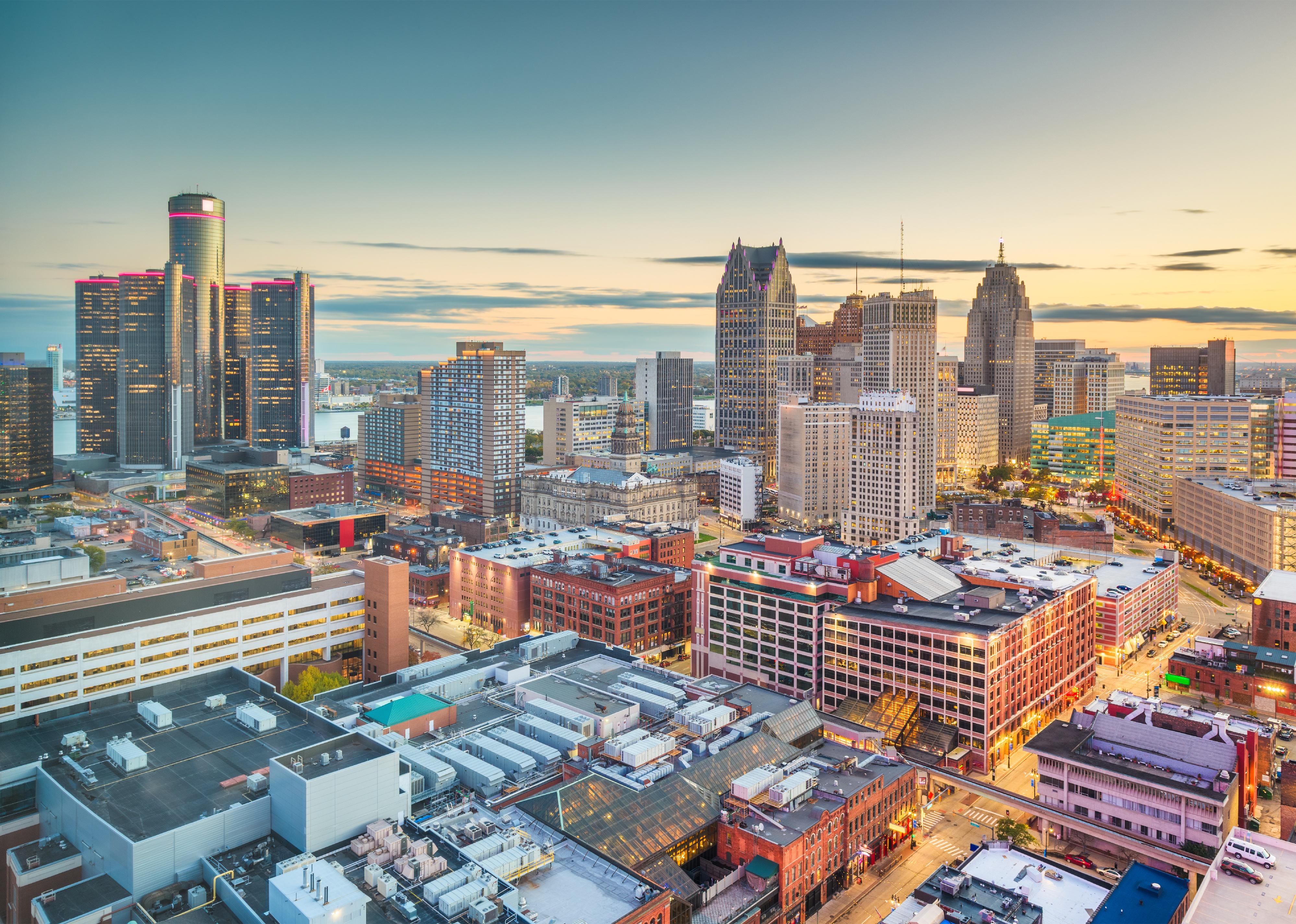 Detroit downtown skyline from above at dusk.