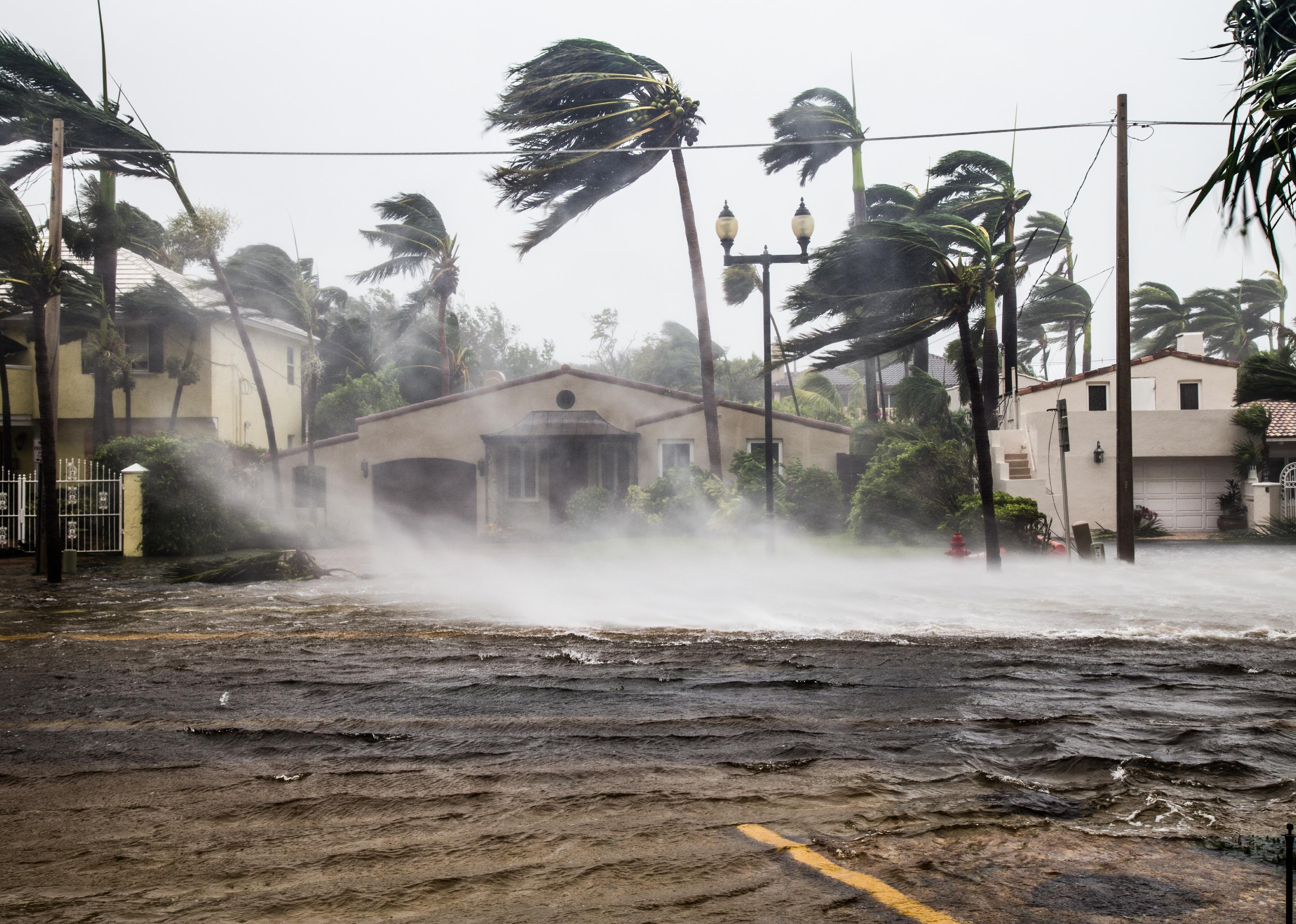 A flooded street after a hurricane.