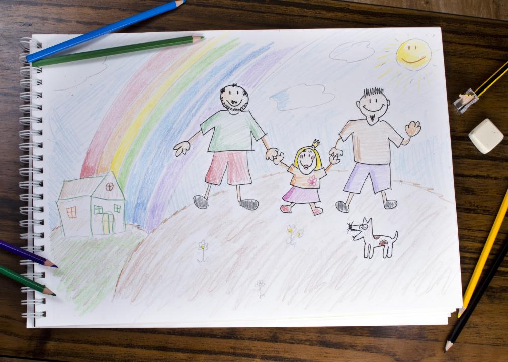 Close up of a child's drawing hold hands of two guys, with dog in foreground