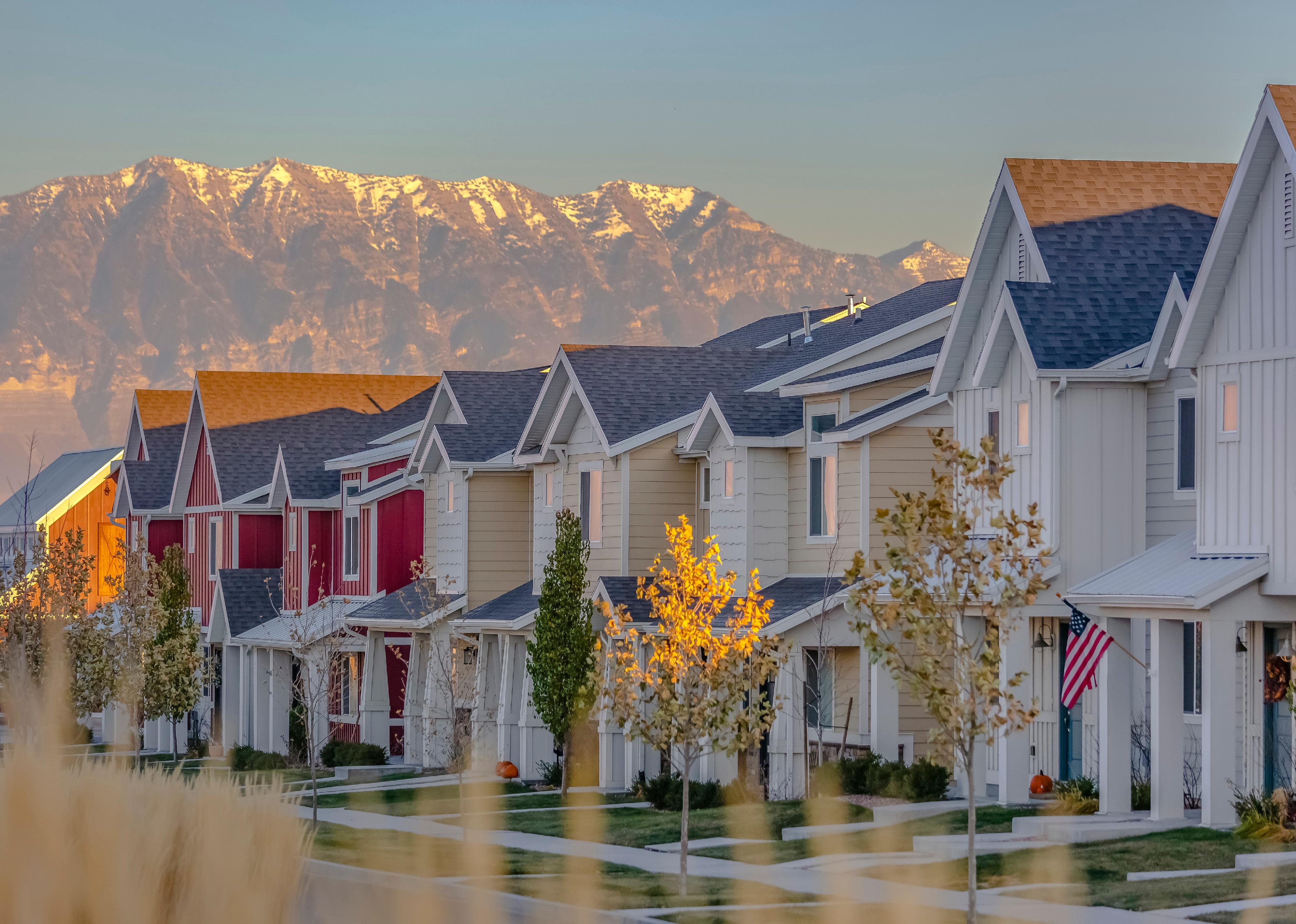 Townhomes in a row in Utah Valley suburbs.