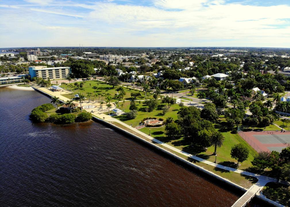 Aerial view of waterfront park.