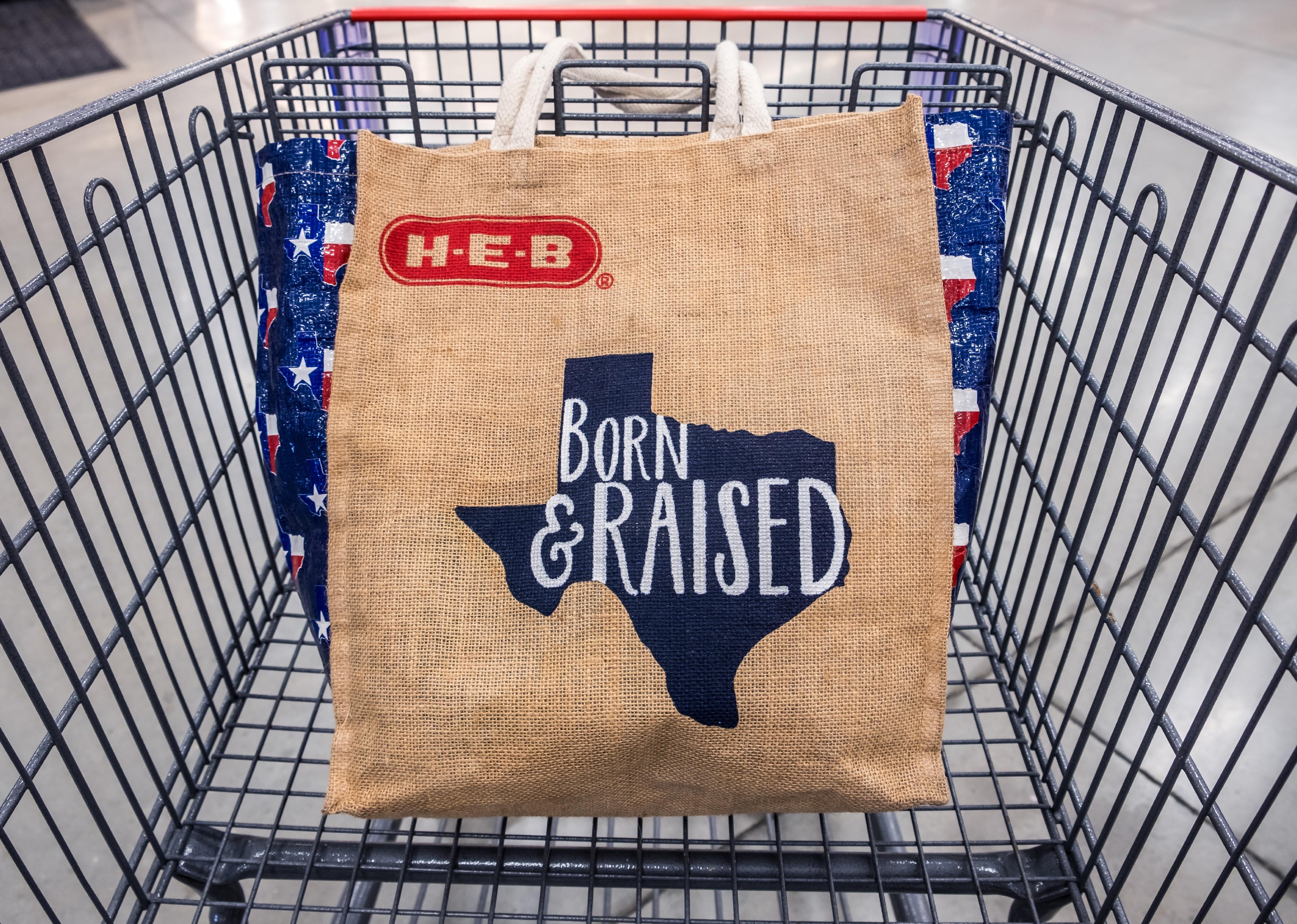 Texas tote bag inside shopping cart.