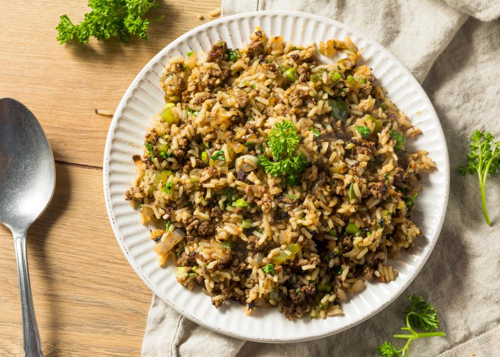 Cooked Cajun Dirty Rice with Ground Pork.