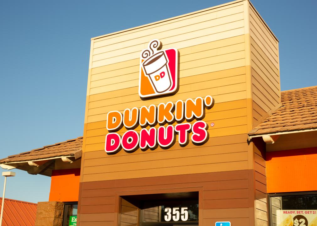 The Dunkin' Donuts sign with a to-go cup of coffee logo on the outside of a Dunkin'.