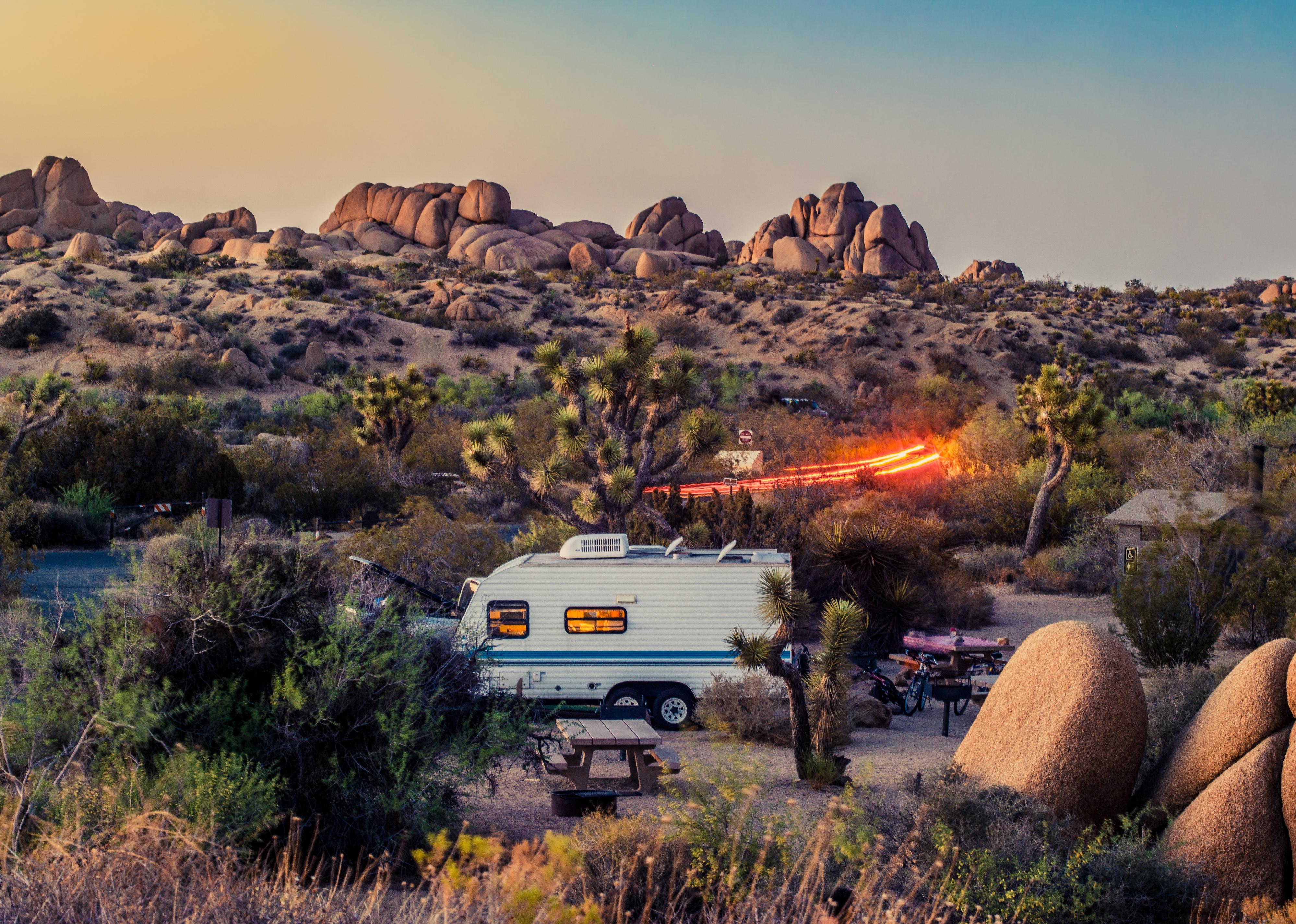 Image of a campground at Joshua Tree National Park during sunset.