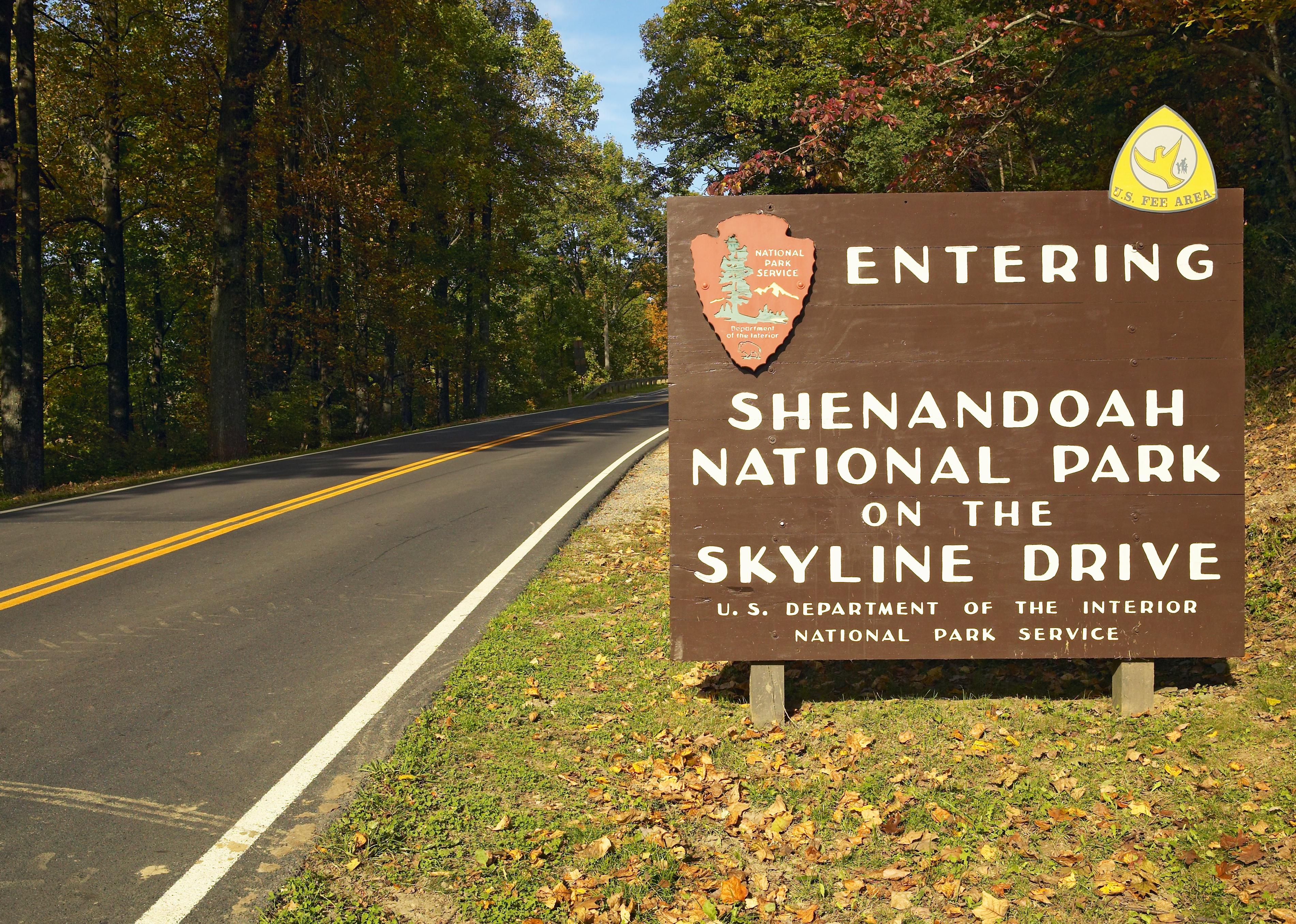 Sign for entering Shenandoah National Park in Virginia.