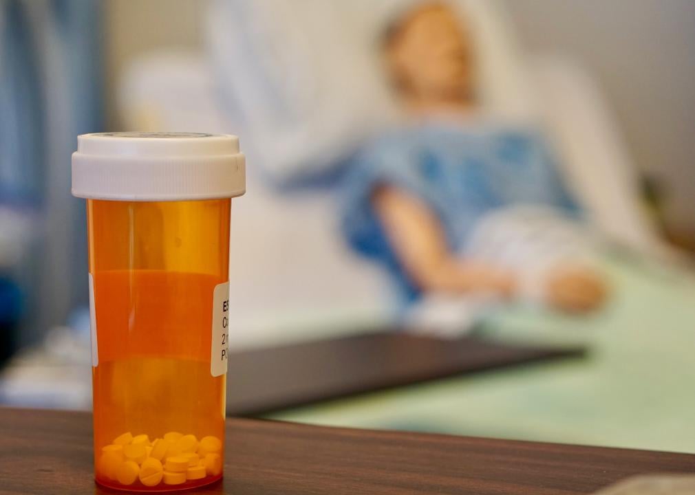 A bottle of pills with a patient lying in a hospital bed in the background.