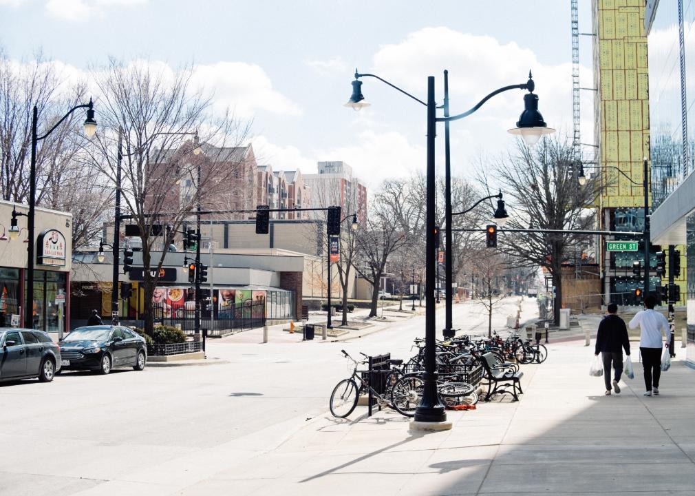 Students walk on Green Street in Champaign, Illinois