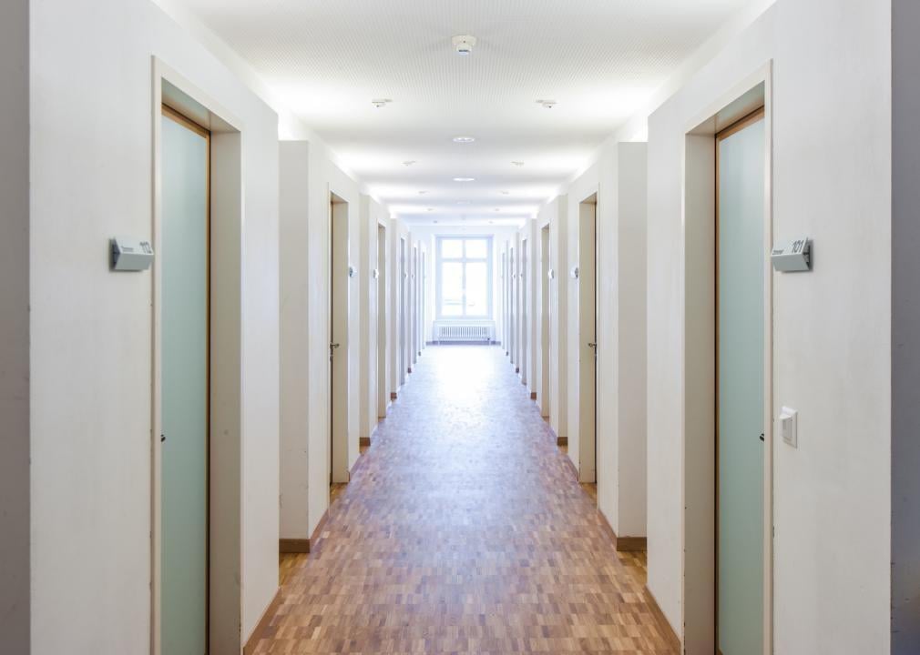 An empty hall lined with doors.