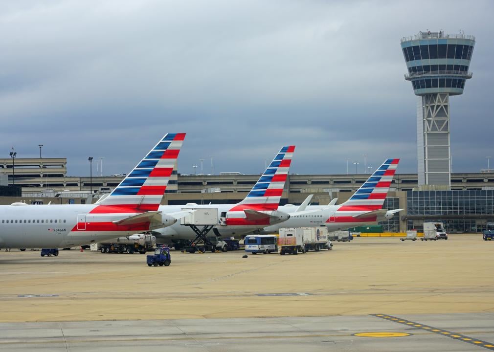 Airplanes from American Airlines at the Philadelphia International Airport.