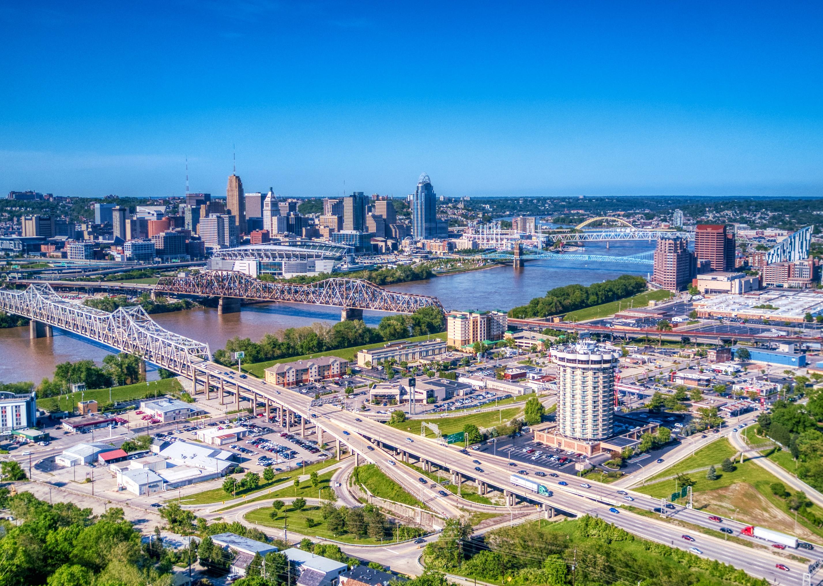 Aerial view of Covington and downtown Cincinnati from Devou Park.