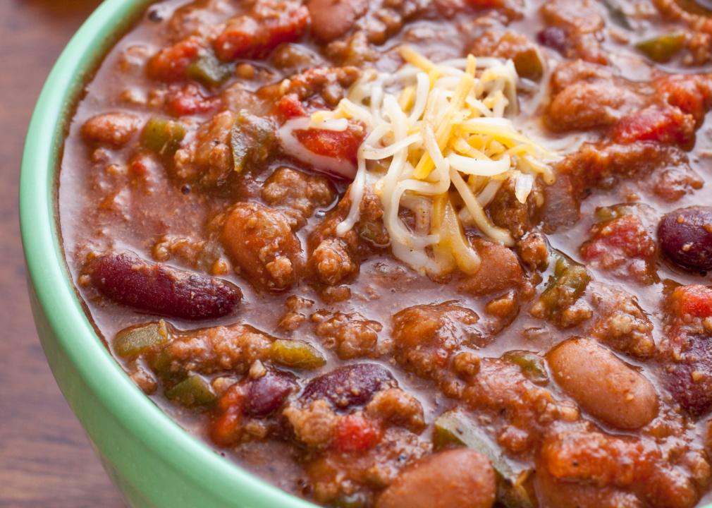 Bison Chili on table in green bowl.