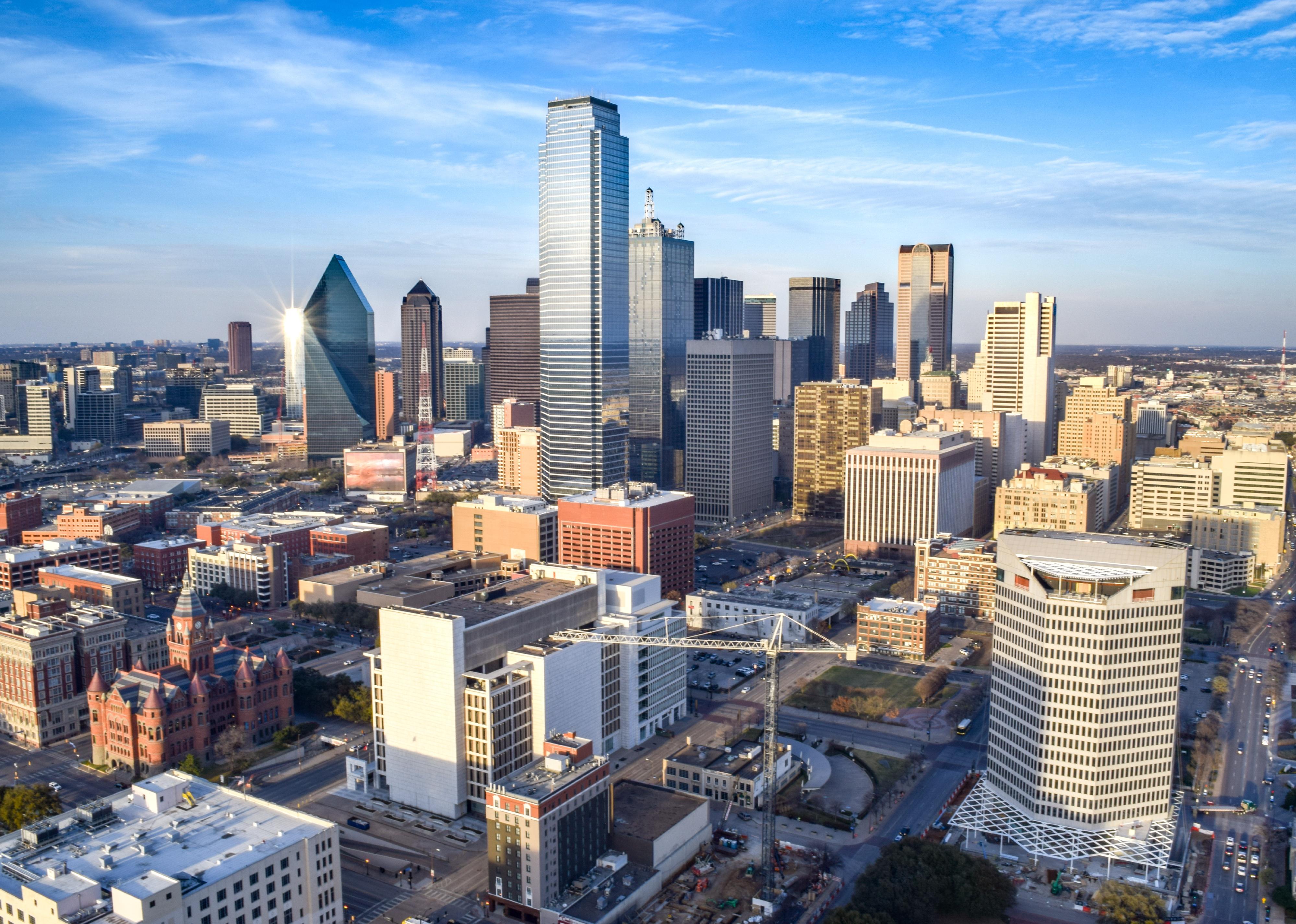 Aerial view of downtown Dallas on a summer day.