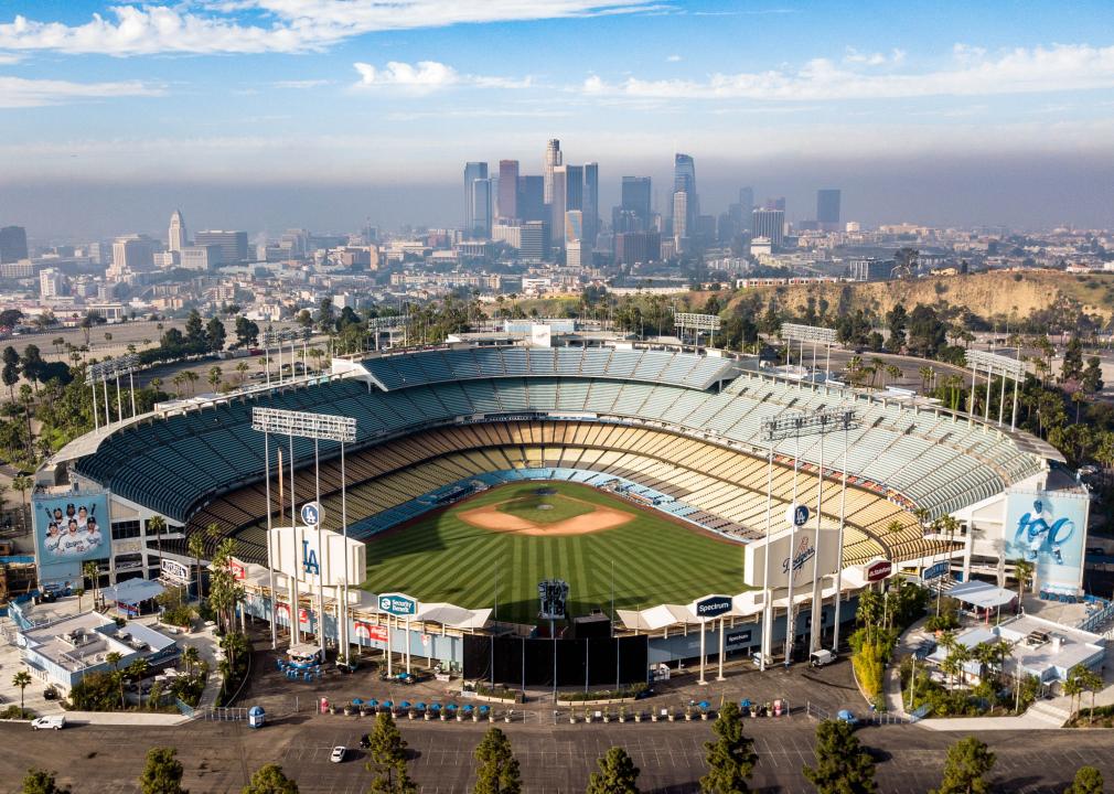 The famous Dodger Stadium with downtown LA in the background