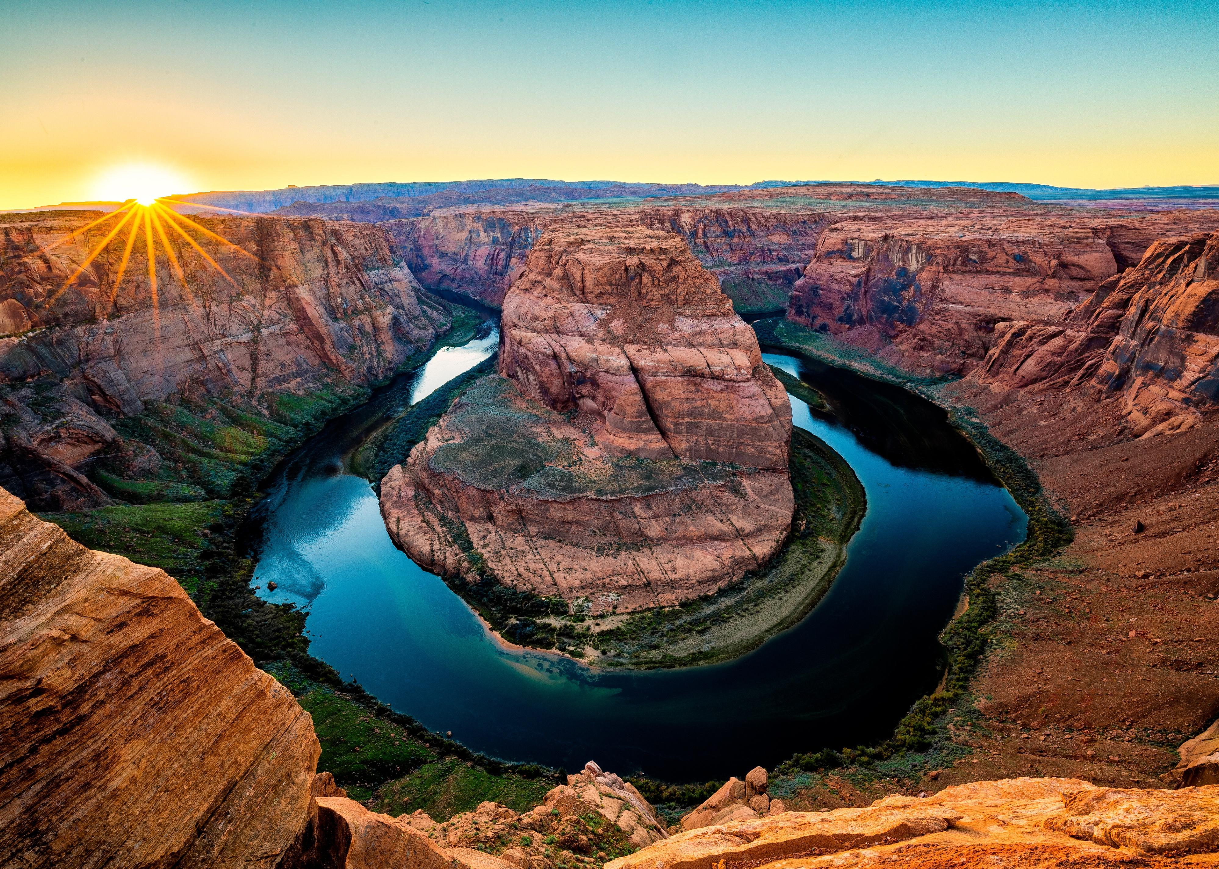 Horseshoe bend at sunset in Grand Canyon National Park.