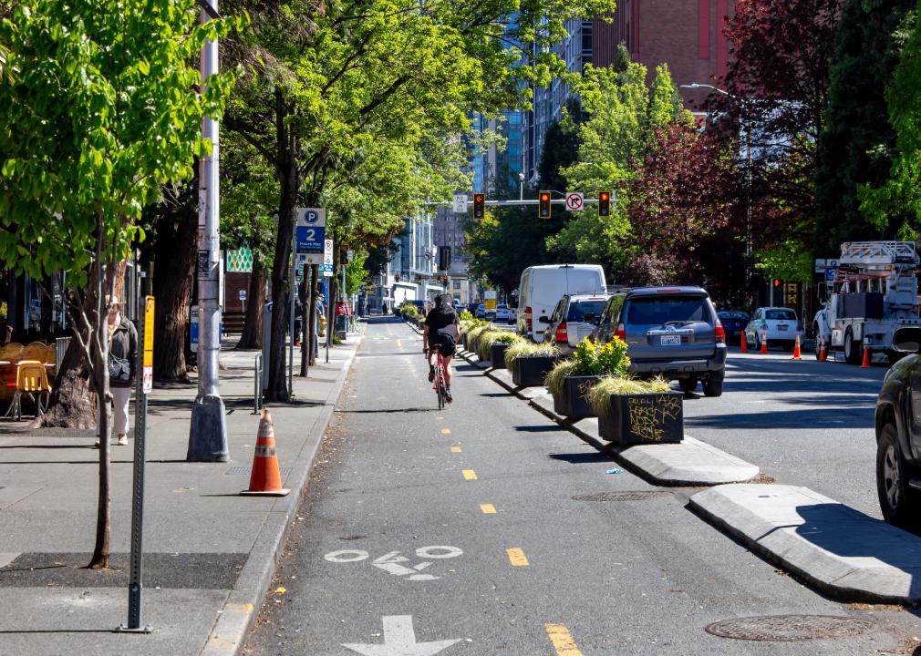 The bike lane of a street in downtown Seattle