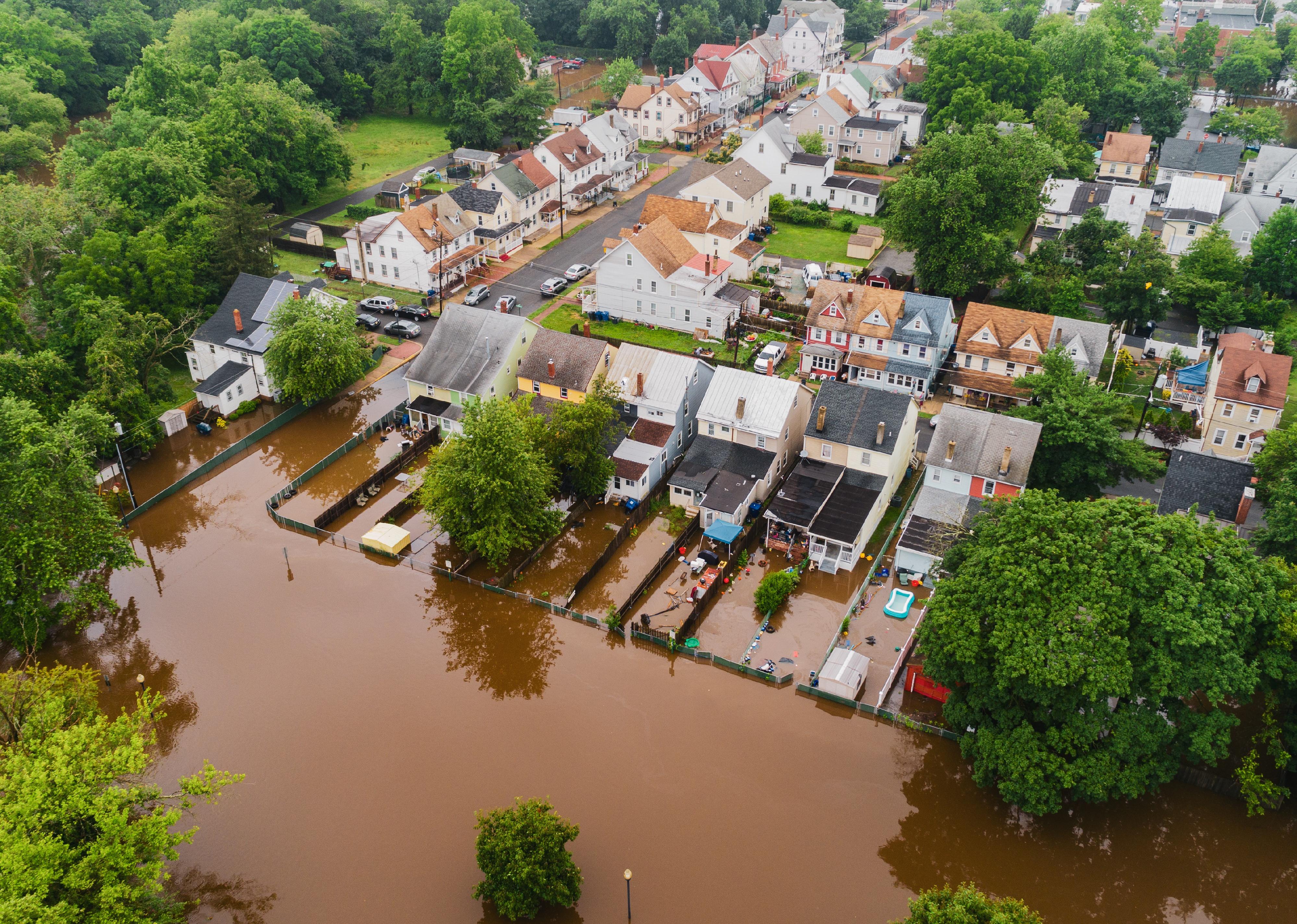 Aerial drone of a flooded Mount Holly, New Jersey.