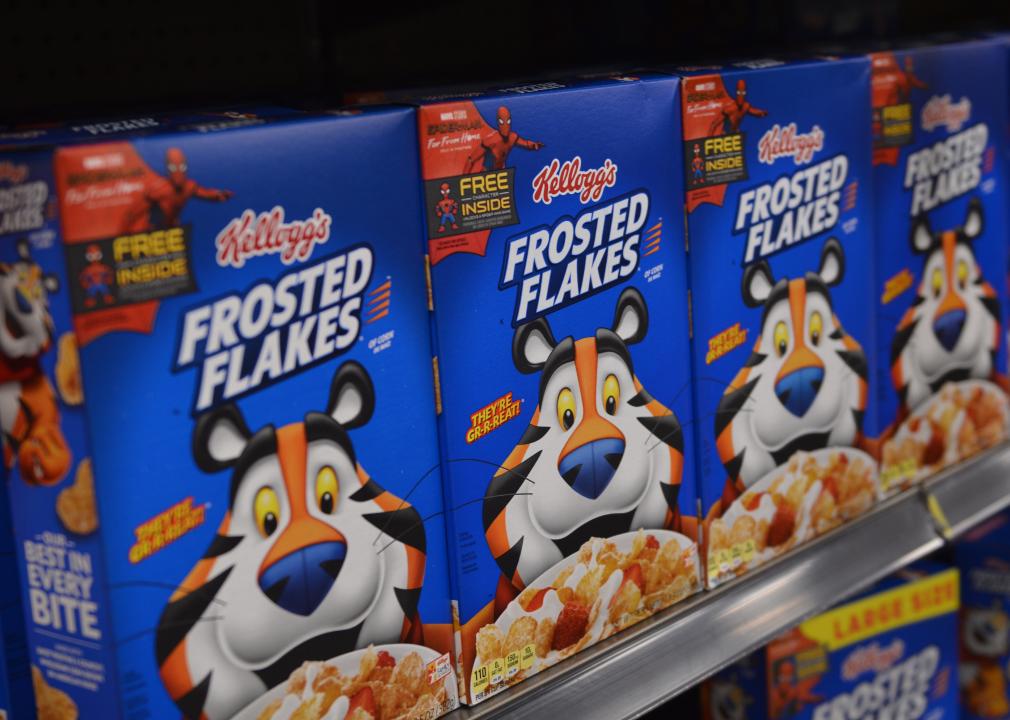 Kellogg Frosted Flakes featured in the cereal aisle at a local supermarket.