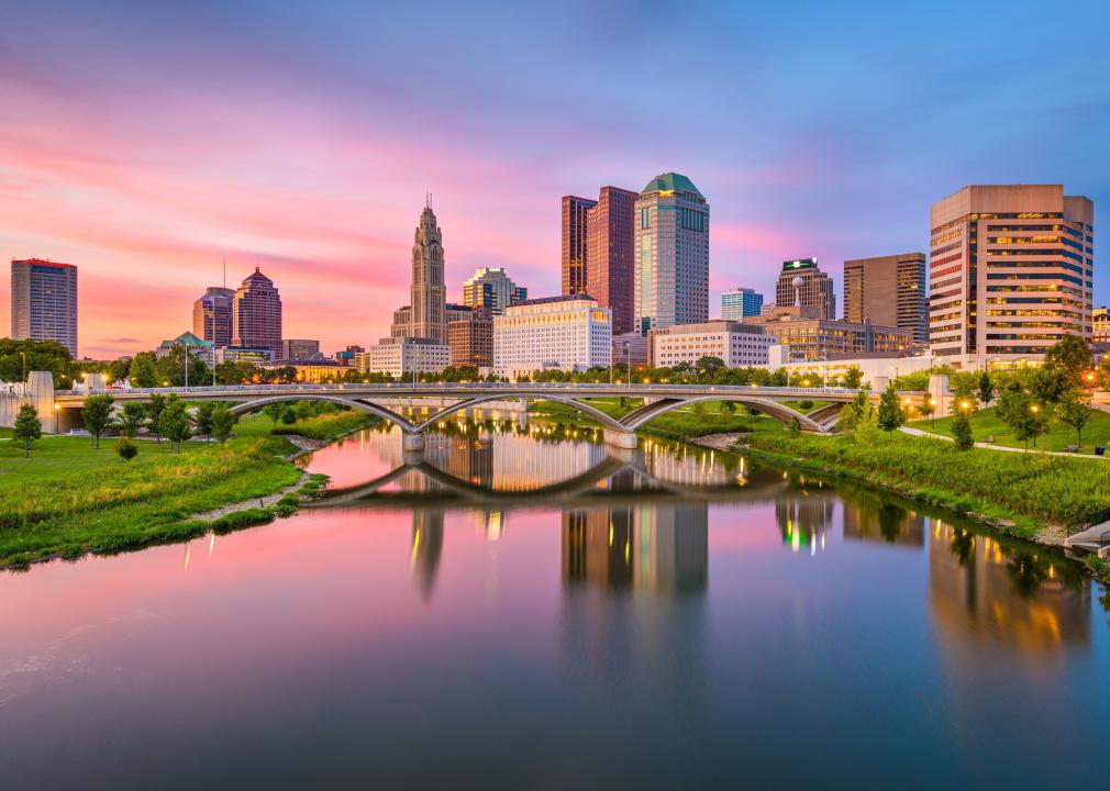 Columbus, Ohio, skyline on the river at dusk.