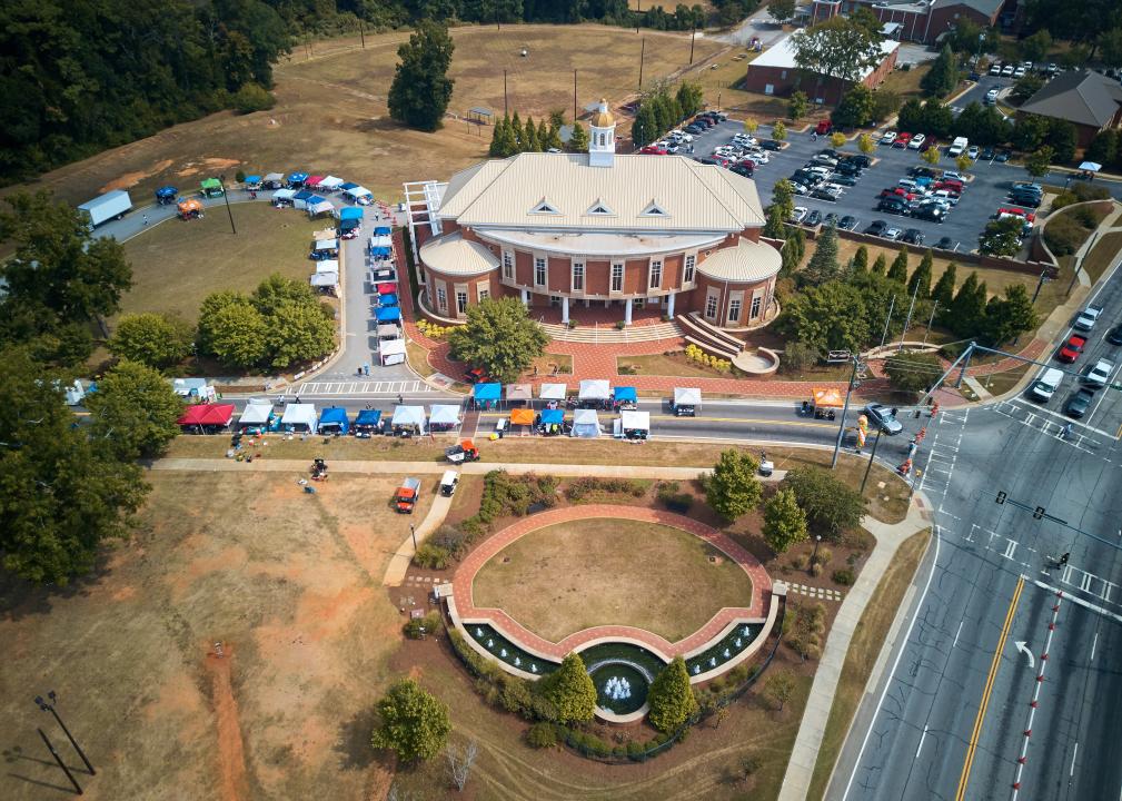 An aerial view of an event with canopy tents set up in Stockbridge, Georgia.