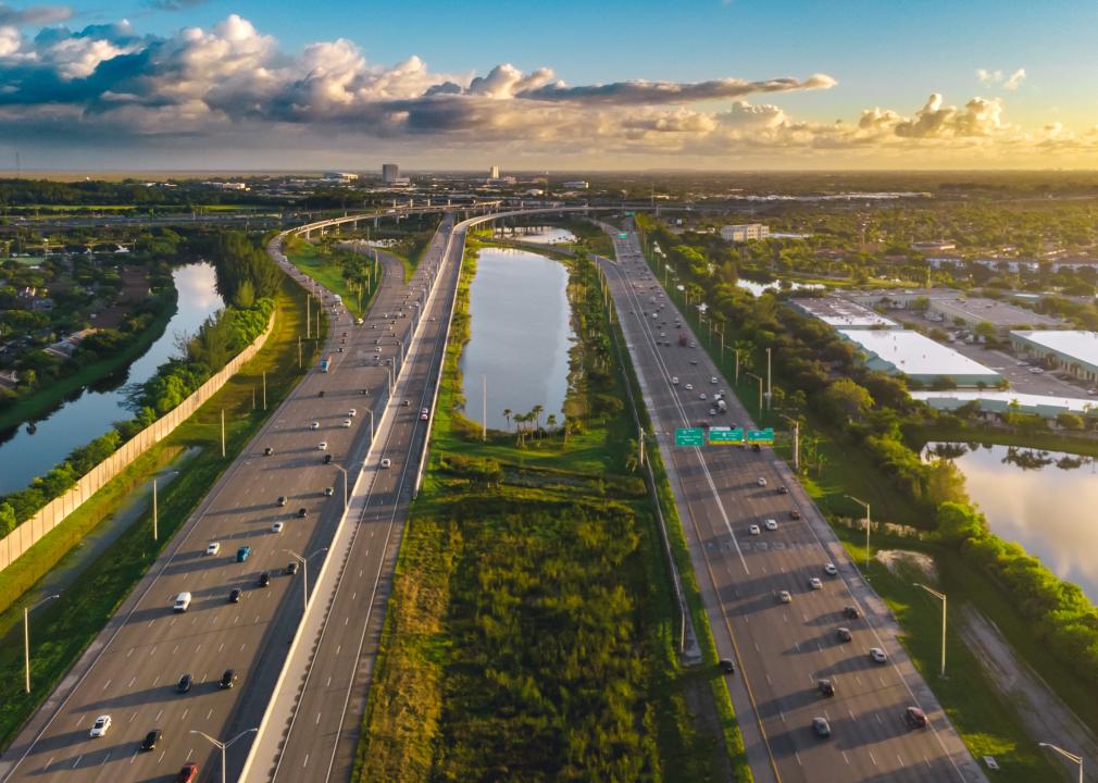 Aerial view of I-75 south and north at sunrise