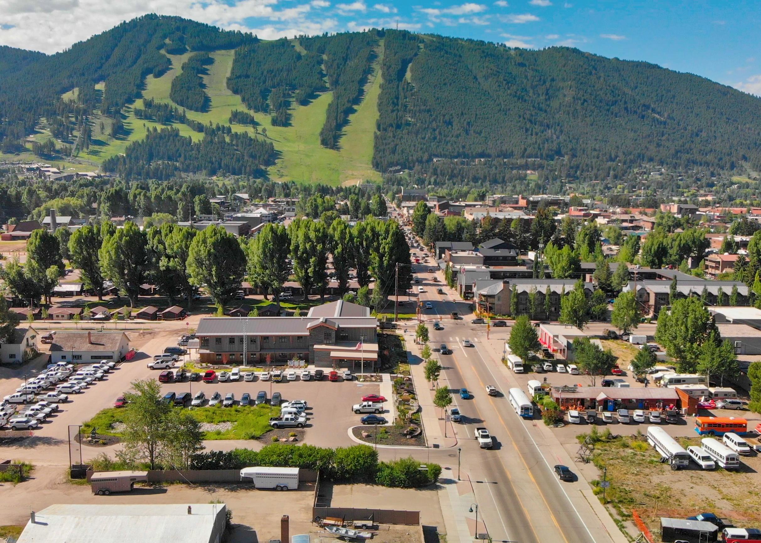 Panoramic aerial view of town and cars in Jackson Hole.