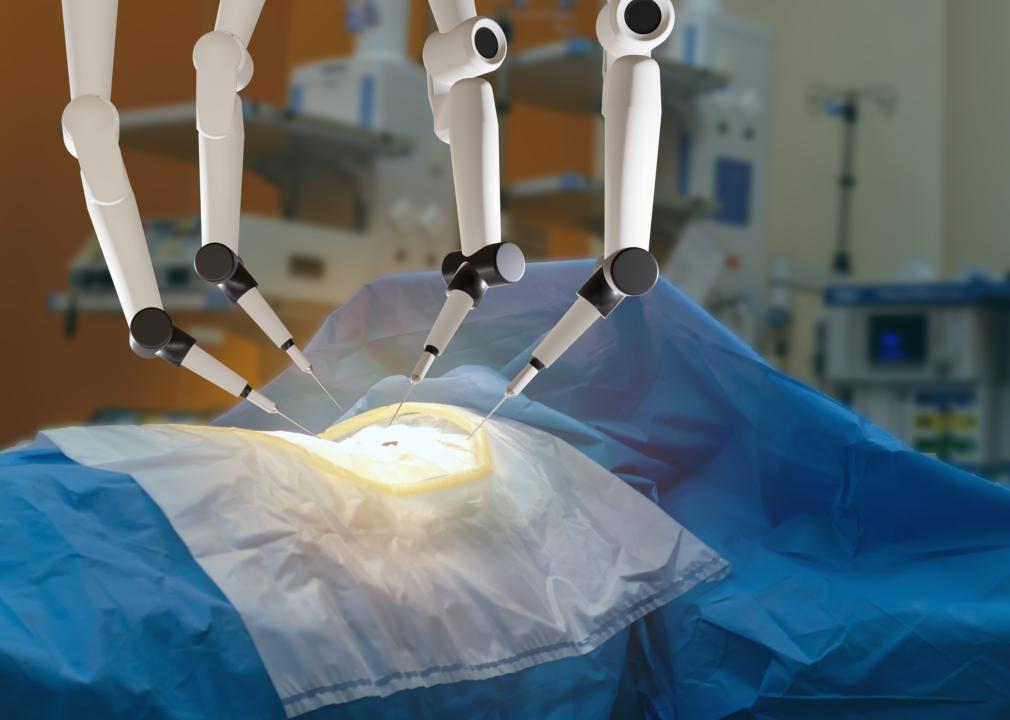 Closeup of a robotic arm during surgery.