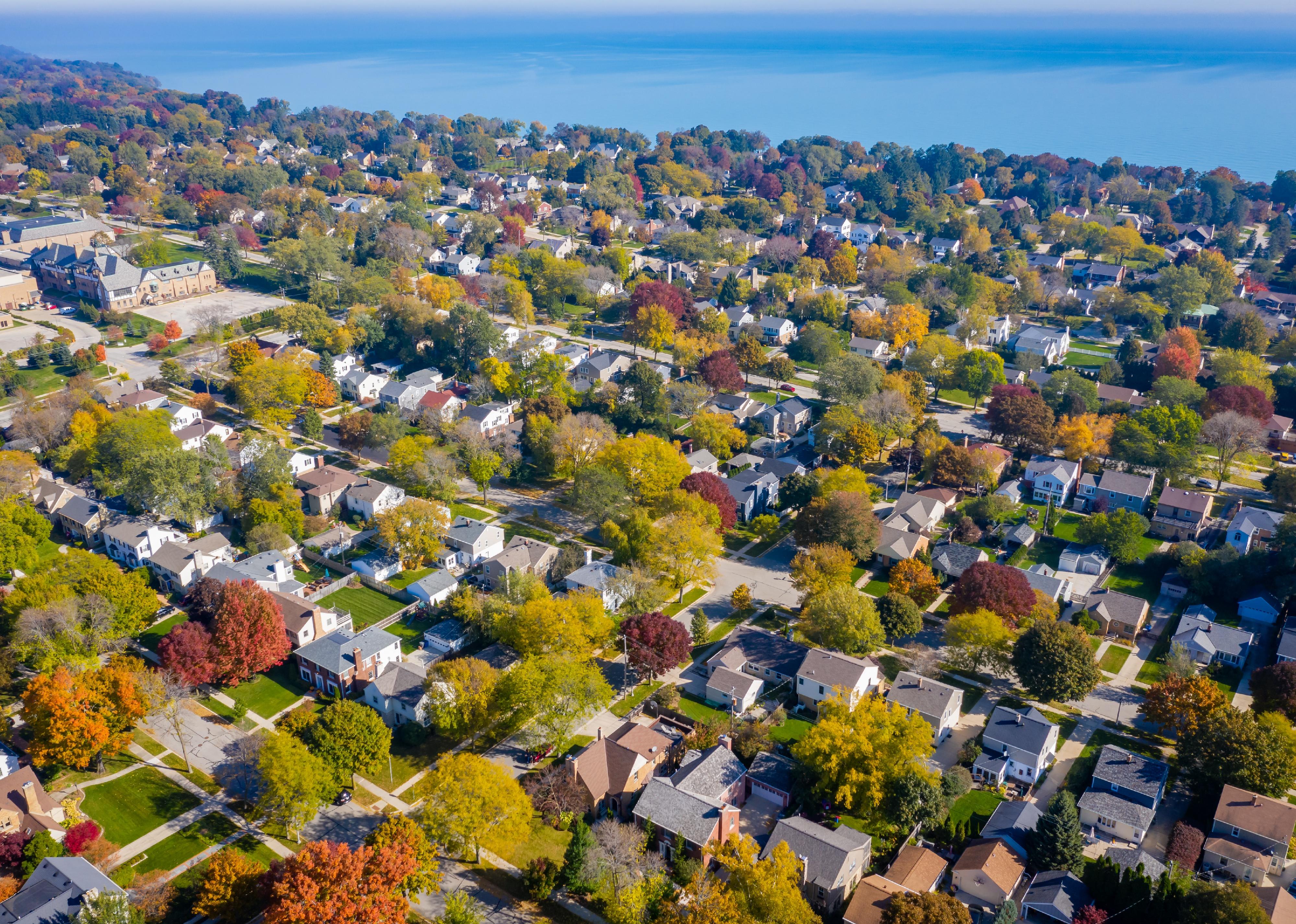 Aerial view of suburban Whitefish Bay, Wisconsin