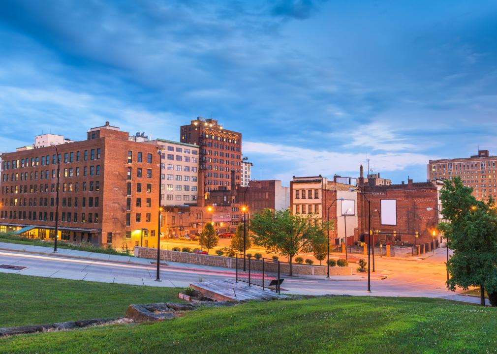 Youngstown, Ohio, USA downtown road and townscape at twilight