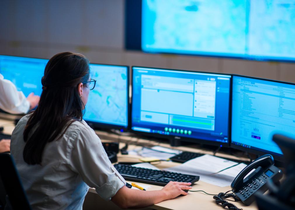 Security guards working in a surveillance room.