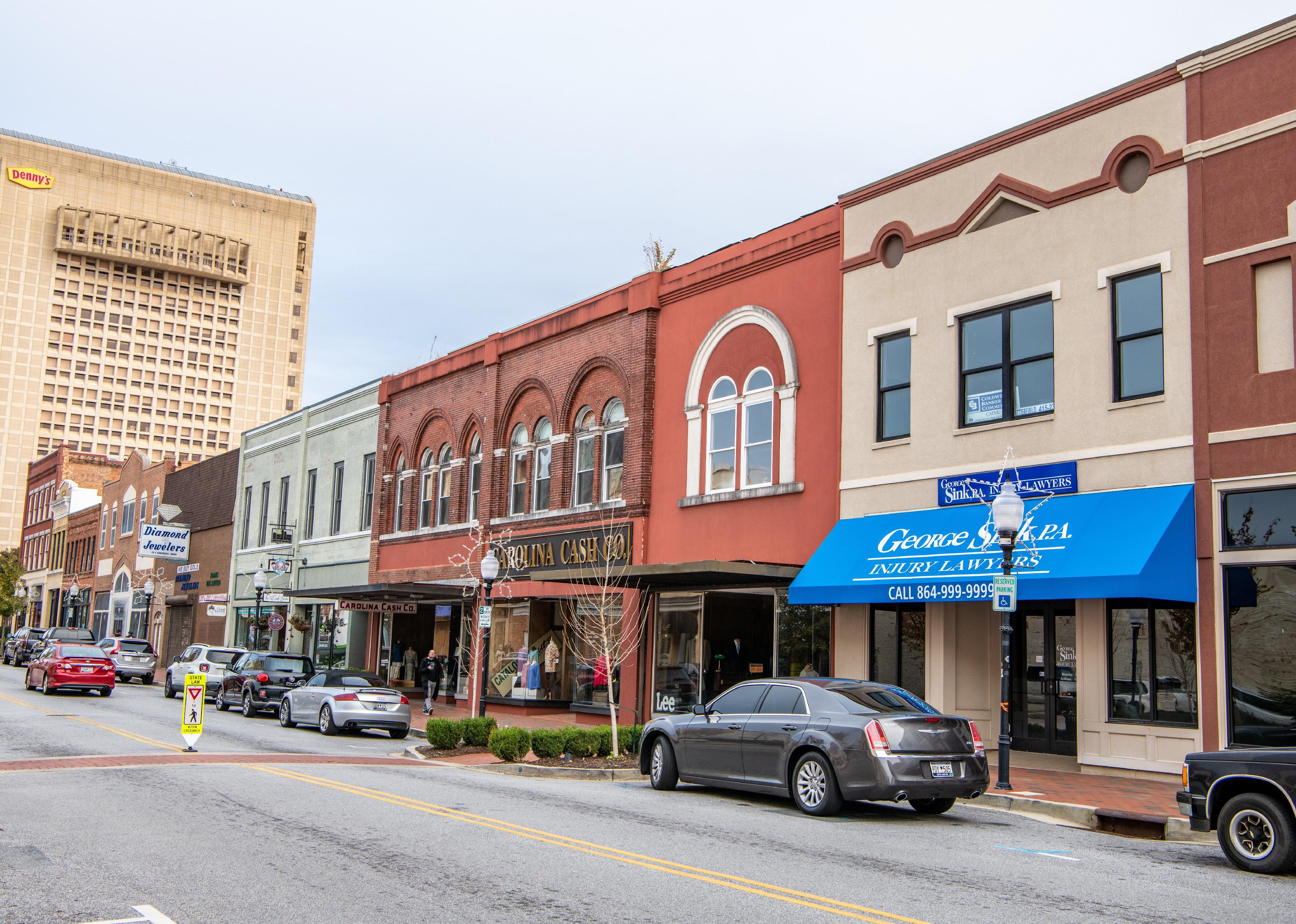 Historic traditional architecture on Main Street, downtown Spartanburg.