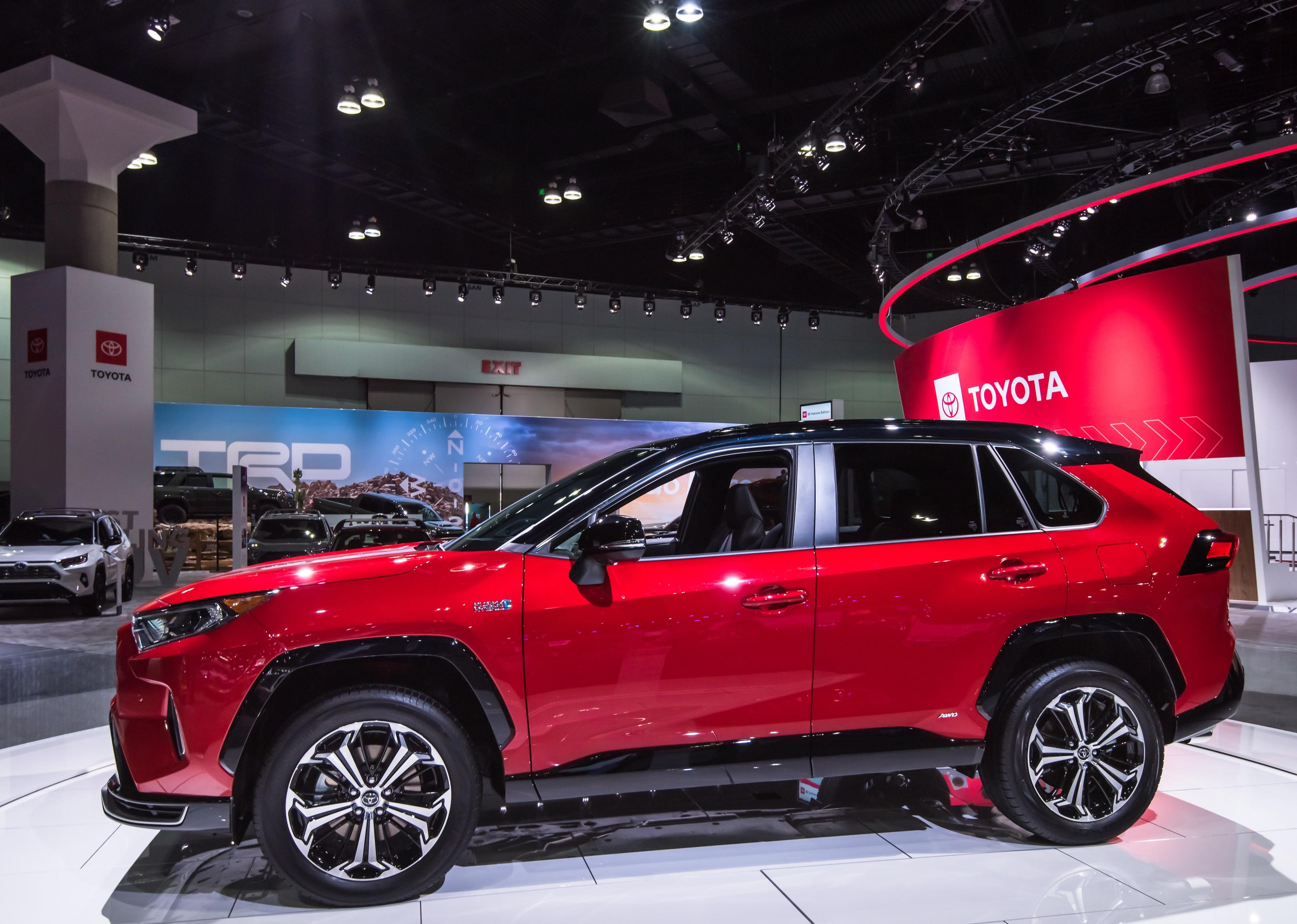 A 2021 Toyota RAV4 SUV at the Los Angeles Auto Show.