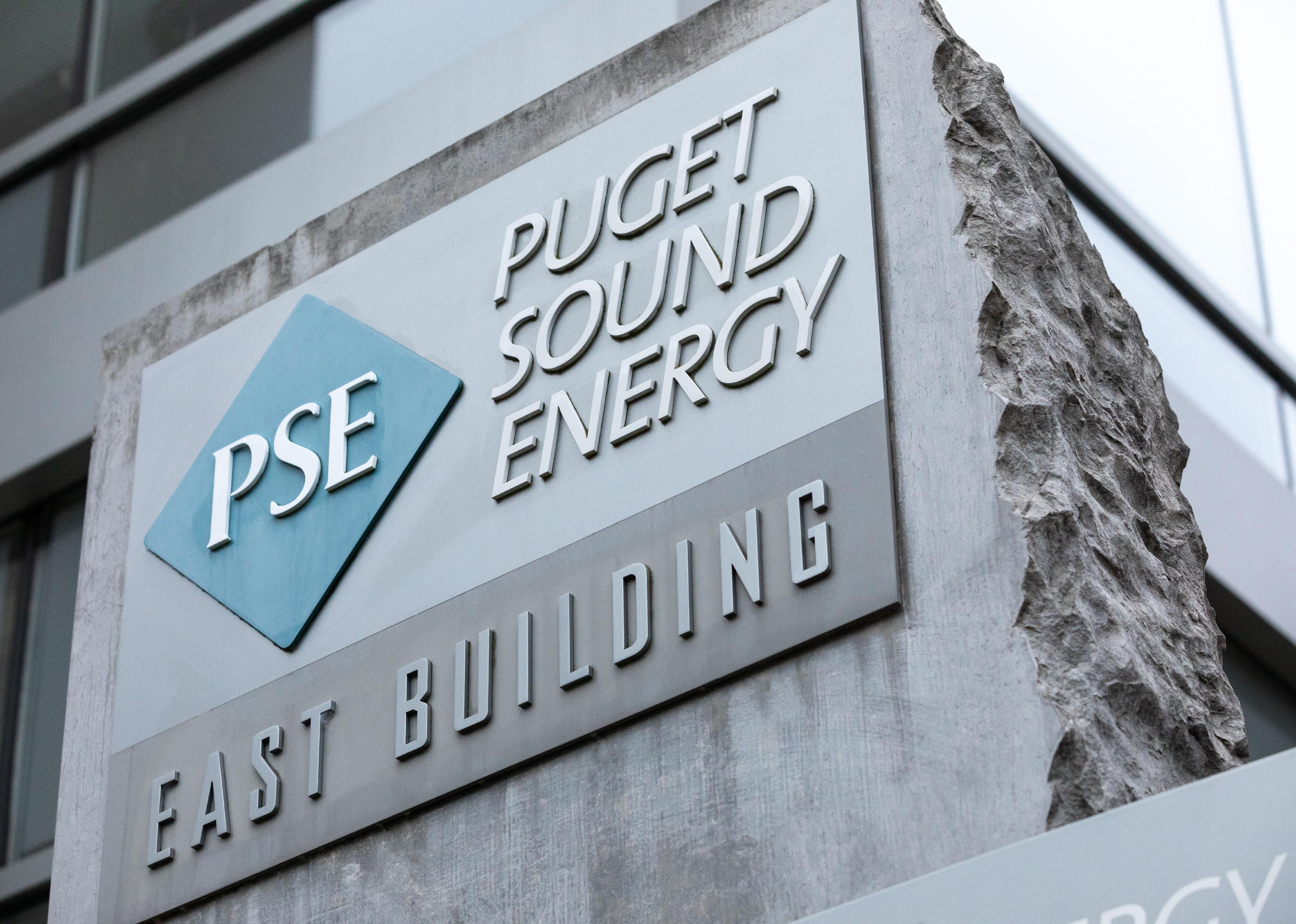 Puget Sound Energy sign at the natural gas and electricity utility offices.