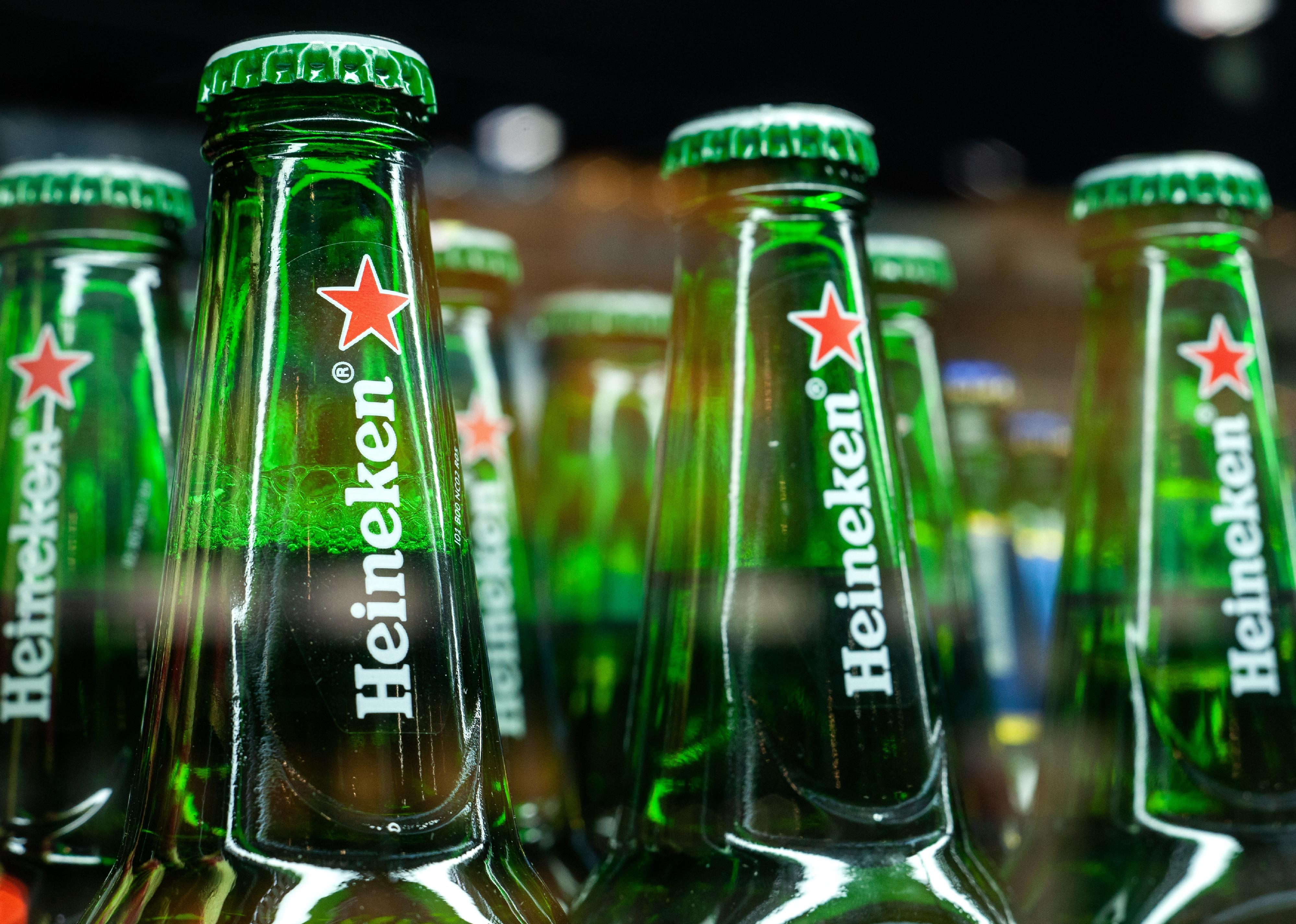 Bottles of Heineken beer in refrigerator