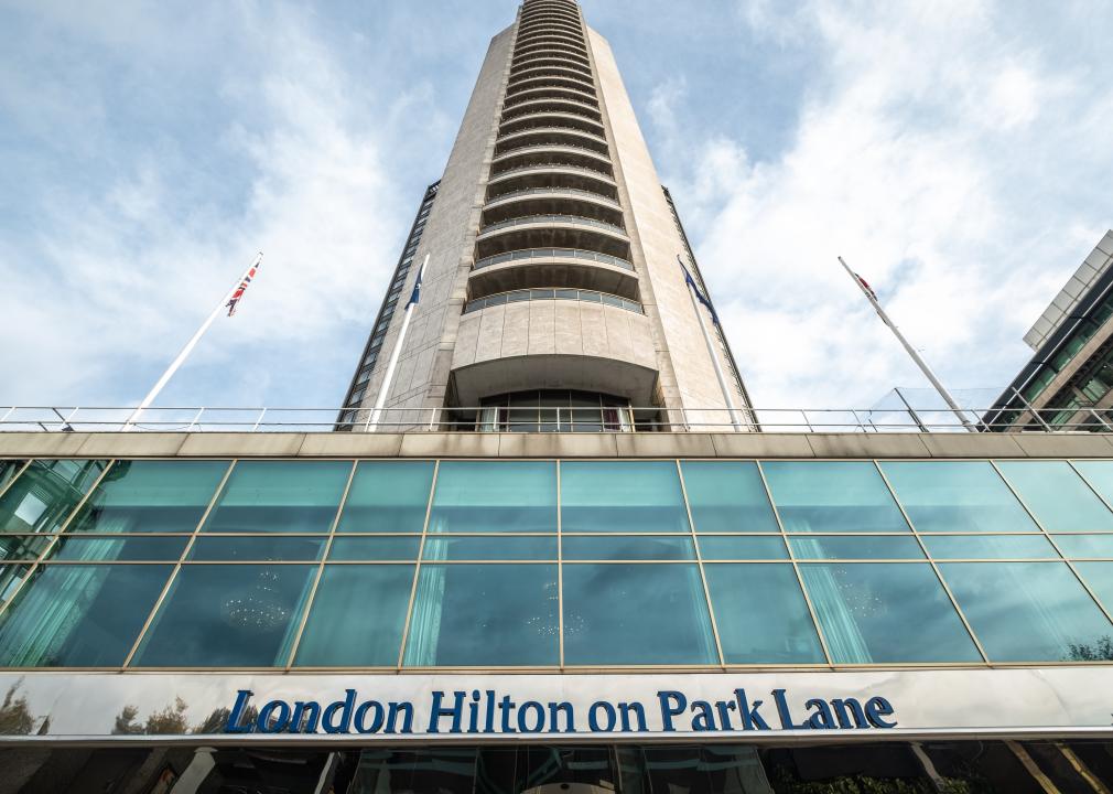 Upward view of London Hilton on Park Lane.