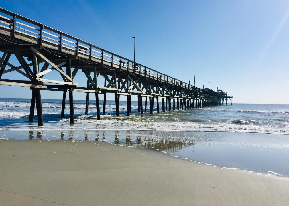 Cherry Grove Pier in North Myrtle Beach, with blue sky