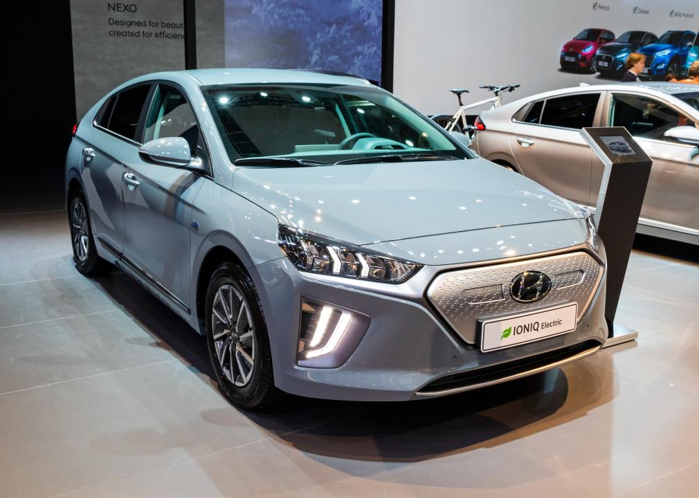 A light pastel blue Hyundai IONIQ showcased at the Brussels Autosalon.