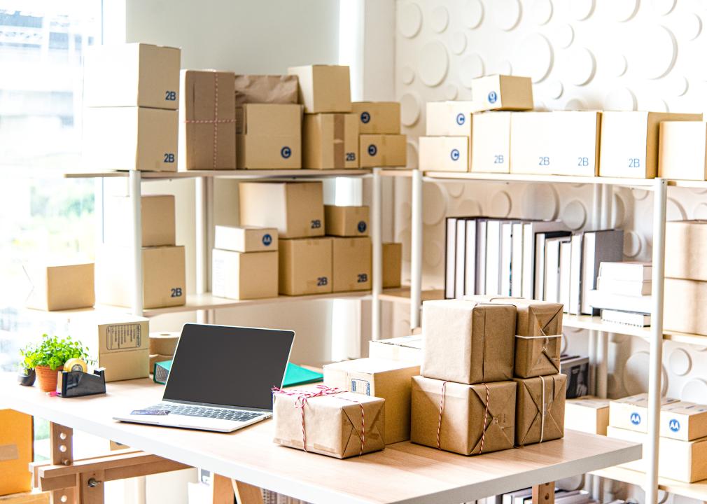 Small business supplies and packages at home office