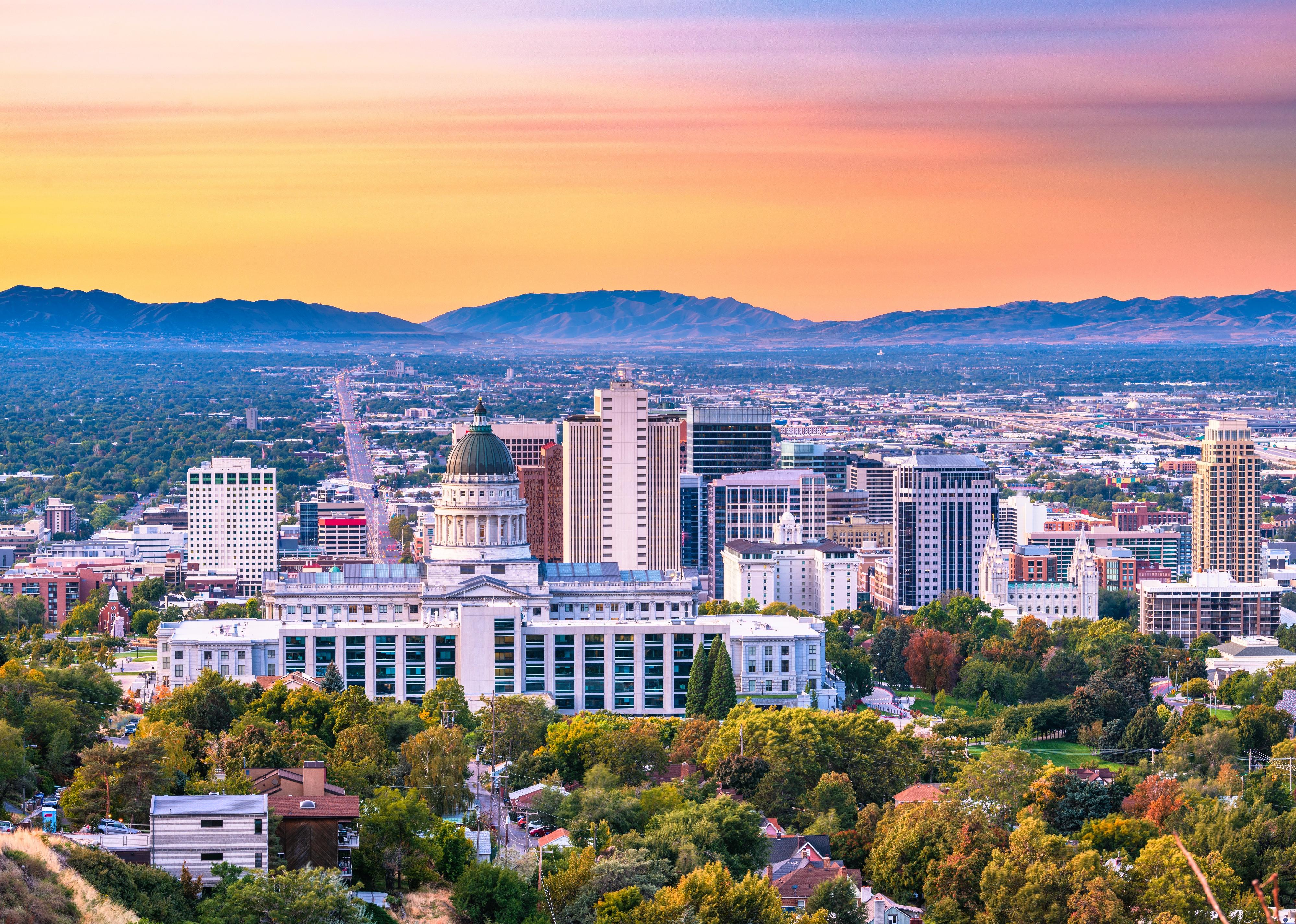 Salt Lake City downtown city skyline at dusk.